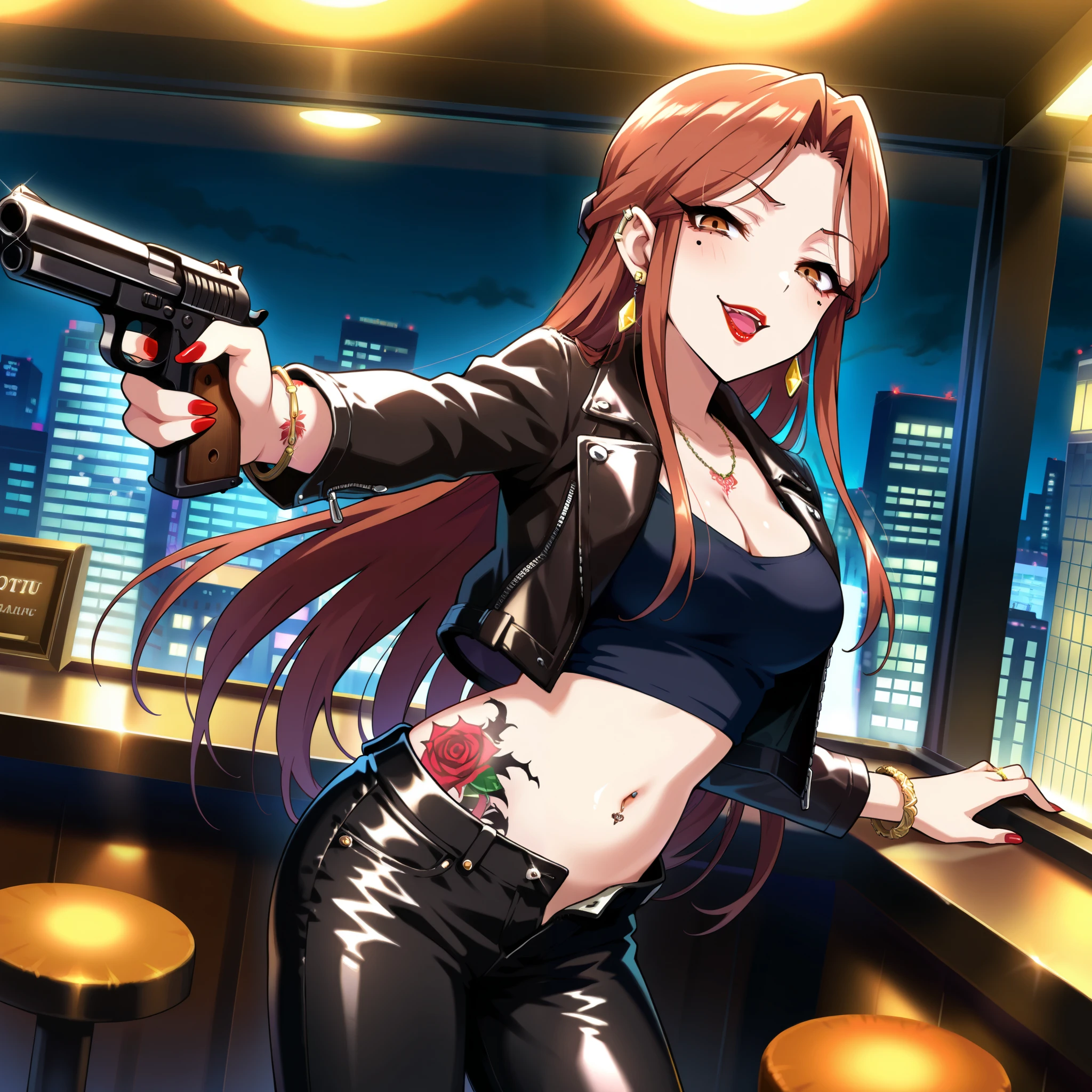 score_9, score_8_up, score_7_up, source_anime, zaizen tokiko, long hair, brown hair, brown eyes, 1girl, jewelry, necklace, solo, bracelet, nail polish, red nails,  earrings, red lips, medium breasts, bad attitude, mean girl, ear piercing, long hair, blush, lipstick,Hot girl, baddie, smoking, sensual, attractive , bar background, inside bar,indoors, bar, indoor, cityscape, building, masterpiece, best quality, highly detailed, a girls with a gun, evil smile , open mouth, sexy gaze, badass
pose , evil smile, smile, (nsfw) not safe for work, guns blazing, anime girl with long hair, beautiful long
haired girl, navel, evil expression, exposed belly, exposed navel, exposed midriff, exposed lower belly,
long black pants, crop top, cleavage, unbuttoned leather pants ,open fly, low rise black leather pants,
leather jacket, holding a gun, holding pistol, navel piercing , cleavage, unbuttoned shirt,shirt, knot, , tattoo on body, rose tattoo, dragon tattoo, , shiny skin,open arms sideway, arms T-pose, smirk, standing, anime girl T posing