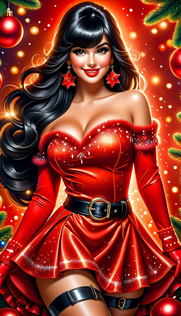 Best quality, acrylic illustration in realistic style, a beautiful woman with black straight long hair and bangs, make up, lashes, smiling, she is wearing santa claus red mini dress, belt, red leather gloves, shine suntan pantyhose, over-the-knees black boots, your hands is on waist, in christmas decorated florest background