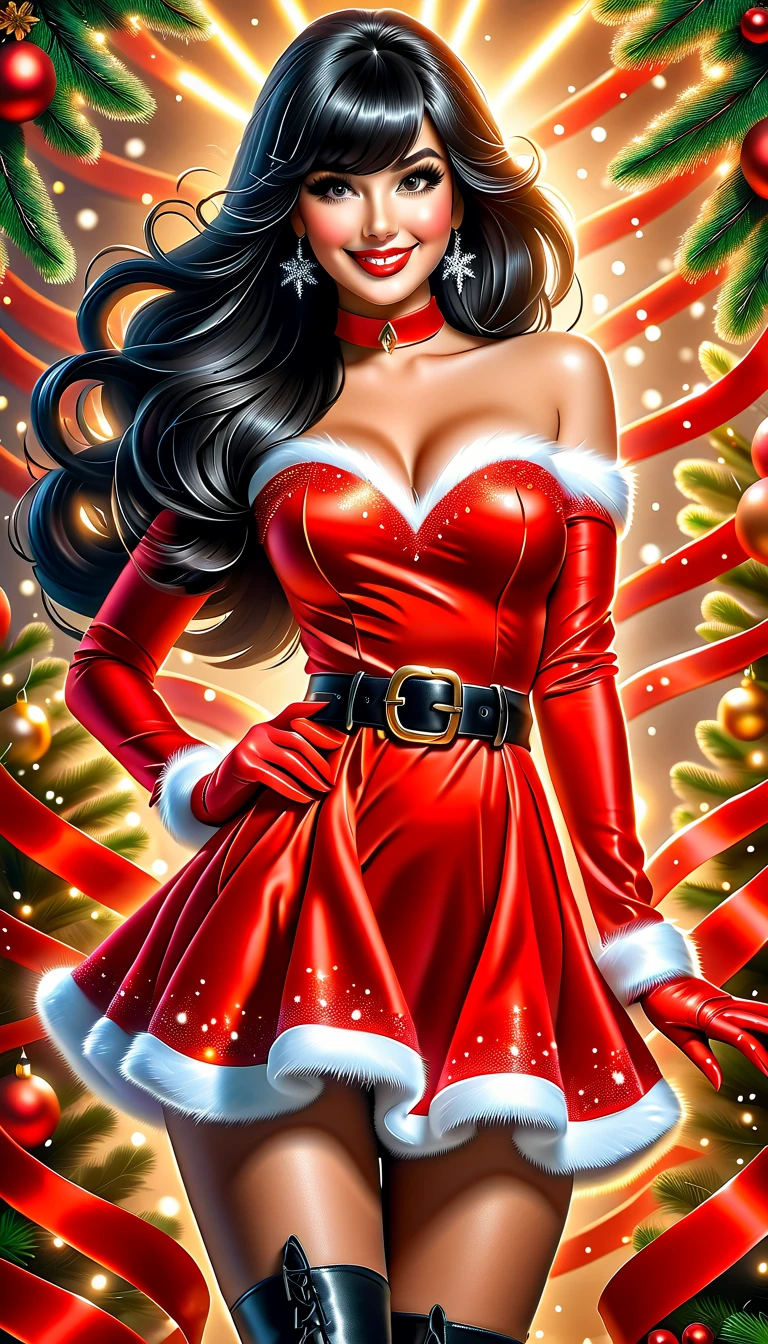 Best quality, acrylic illustration in realistic style, a beautiful woman with black straight long hair and bangs, make up, lashes, smiling, she is wearing santa claus red mini dress, belt, red leather gloves, shine suntan pantyhose, over-the-knees black boots, your hands is on waist, in christmas decorated florest background