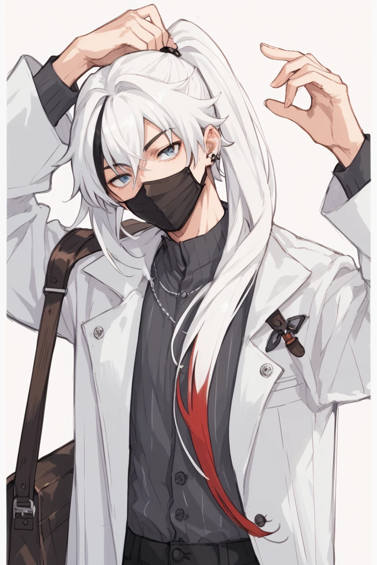  Anime boy with white hair and black mask holding a bag, an anime drawing by Ei-Q, pixiv, Self-Destructive Art ,  white hair, de  white hair, stylized anime, A crazy old man with silver hair , Anime style 2022, 2 0 2 2  anime style , like an anime character ,  anime style , personagem de  anime style ,