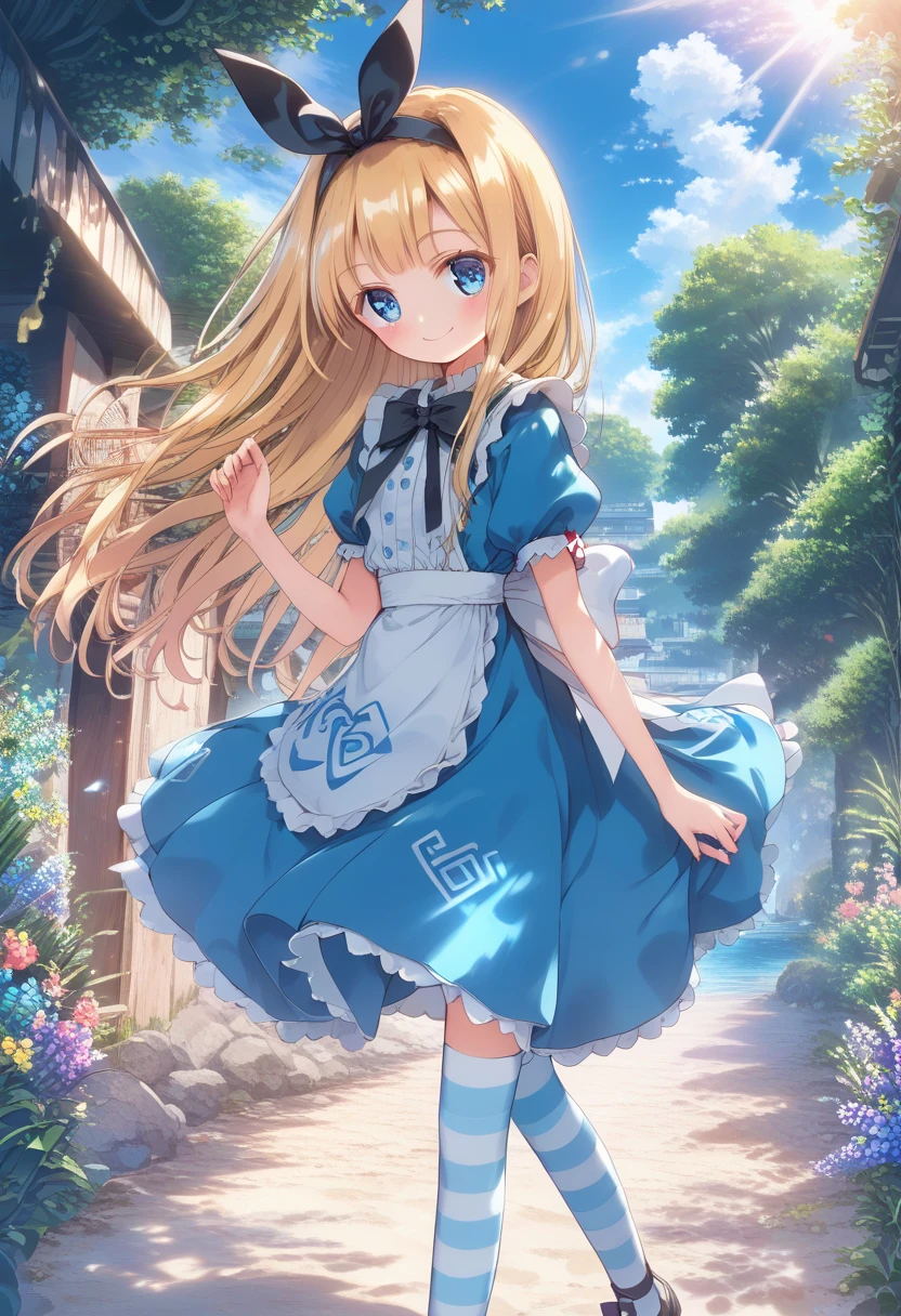 [  WAI-ANI-NSFW-PONYXL  :100],
score_9, score_8_up, score_7_up, score_6_up, score_5_up, score_4_up, masterpiece, best quality, source_anime,
alone,cute 1girl,(loli),blonde hair,straight long hair,blunt bangs,Black ribbon hairband,blue eyes,blush, smile,( Alice in Wonderland costume ), black and white striped stockings,pastel hues,walking in the seaside path,blurred edges,nostalgic mood,(dappled sunlight:1.2),blurry,(depth of field:1.1),Delicate rural landscape ,blue sky,arched back、 beautiful flower field on one side 、Look down and smile、リフトスカート、(beautiful detailed eyes)