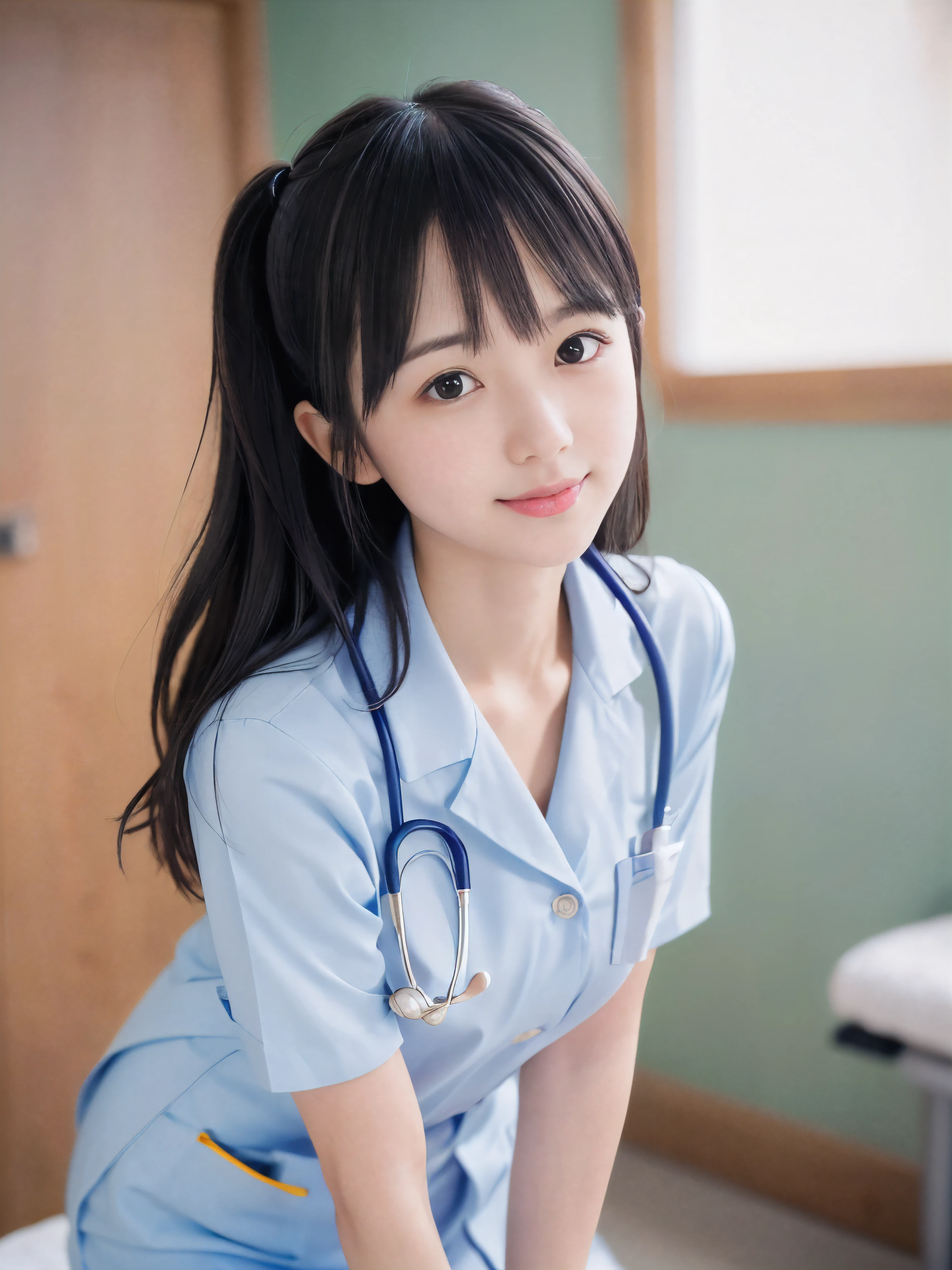 (Close-up face shot of one slender small breasts two side up black medium hair with bangs girl in a white nurse uniform :1.5)、(One nurse is standing beside with doctor in the hospital doctor room in Japan with small smile:1.5)、(blurred background:1.5)、(Natural light:1.5)、(8k ultra detailed master piece:1.5)、(perfect anatomy:1.5)、(Photorealistic stick:1.5)、(Raw photo:1.3)、(highest quality:1.5)、(High resolution:1.3)、(Delicate and beautiful perfect face:1.3)、(Delicate and beautiful eye air skin:1.3)、(Real Human Skin:1.3)、((thin legs))