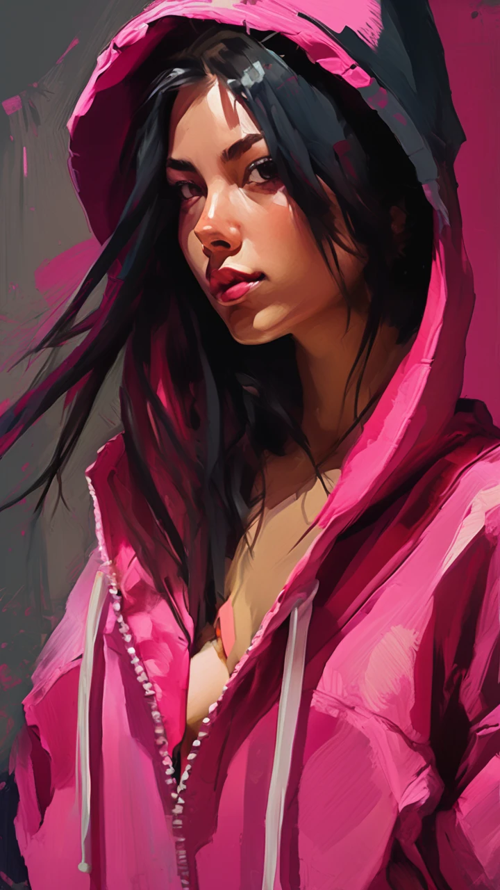 portrait of juri han, 1girl, painting by xDElysium,black hair, , pink, JuriPJ,hair horns, messy hair, streaked hair, hair through hoodie, onesie, open pajamas, black bra,looking at viewer, painterly style, expressionism, strokes rough, brushstrokes visible, rawness, viscerality, color pallete vivid, hand-painted backgrounds, oil painting, high contrast, dramatic lighting 