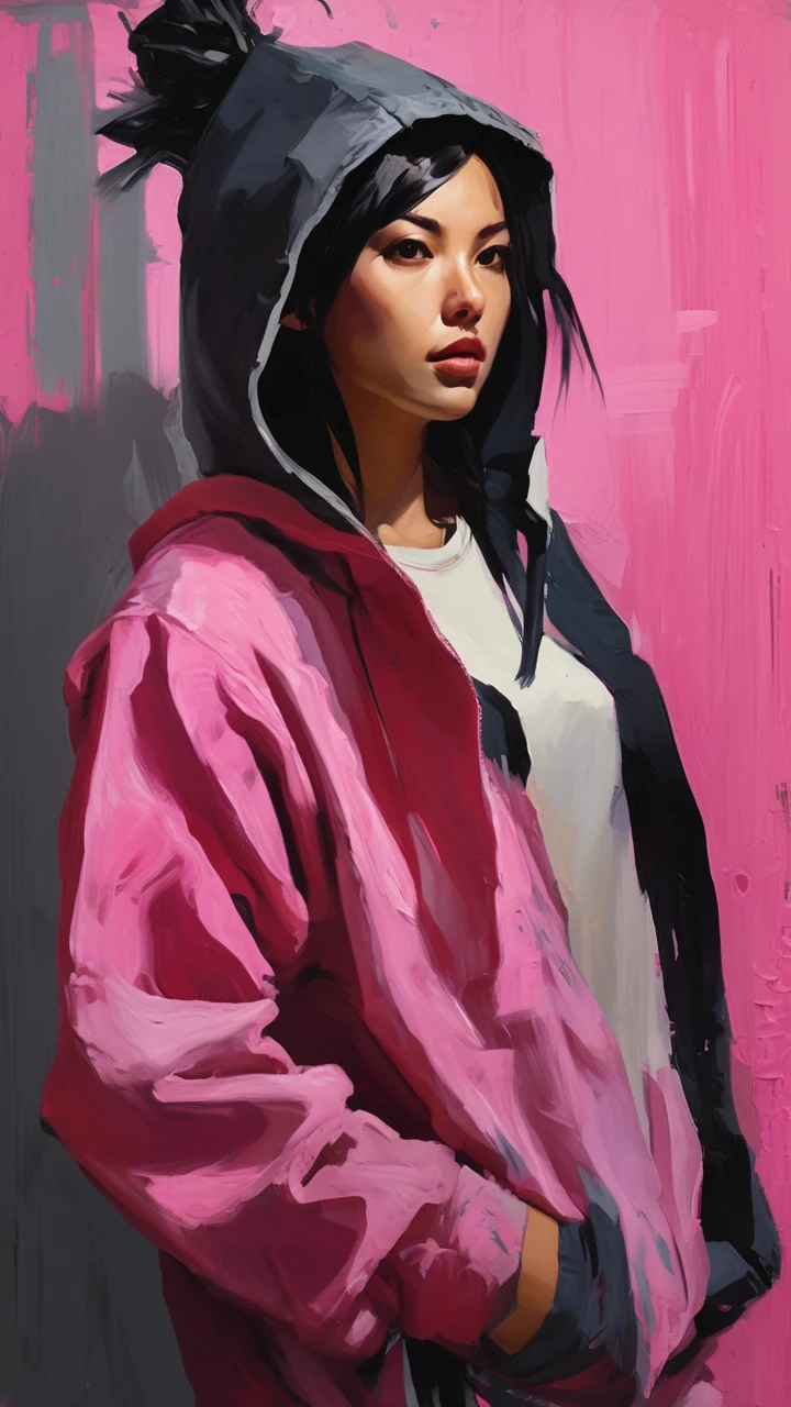 portrait of juri han, 1girl, painting by xDElysium,black hair, , pink, JuriPJ,hair horns, messy hair, streaked hair, hair through hoodie, onesie, open pajamas, black bra,looking at viewer, painterly style, expressionism, strokes rough, brushstrokes visible, rawness, viscerality, color pallete vivid, hand-painted backgrounds, oil painting, high contrast, dramatic lighting 