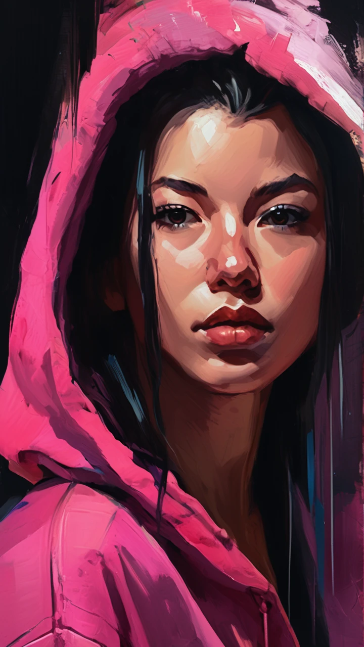 portrait of juri han, 1girl, painting by xDElysium,black hair, , pink, JuriPJ,hair horns, messy hair, streaked hair, hair through hoodie, onesie, open pajamas, black bra,looking at viewer, painterly style, expressionism, strokes rough, brushstrokes visible, rawness, viscerality, color pallete vivid, hand-painted backgrounds, oil painting, high contrast, dramatic lighting 