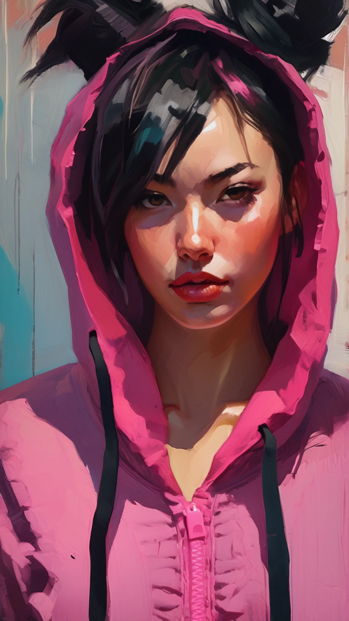 portrait of juri han, 1girl, painting by xDElysium,black hair, , pink, JuriPJ,hair horns, messy hair, streaked hair, hair through hoodie, onesie, open pajamas, black bra,looking at viewer, painterly style, expressionism, strokes rough, brushstrokes visible, rawness, viscerality, color pallete vivid, hand-painted backgrounds, oil painting, high contrast, dramatic lighting 