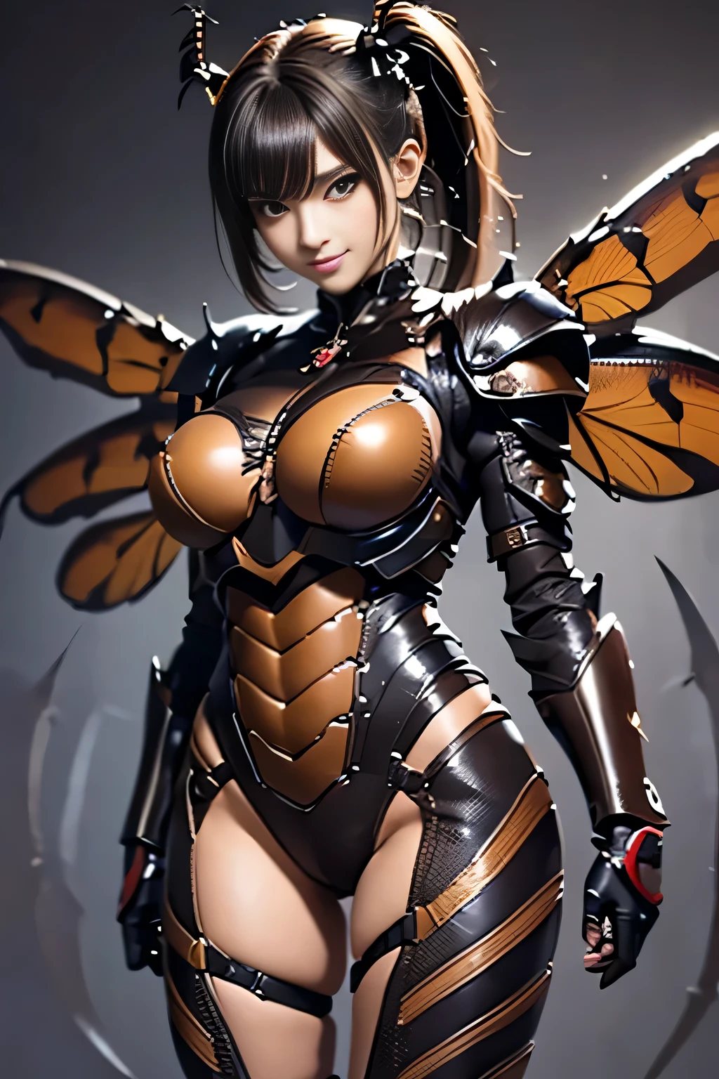 (high resolution,masterpiece,best quality,extremely detailed CG, anime, official art:1.4), realistic, photo, amazing fine details, all intricate, gloss and shiny,awesome many layers, 8k wall paper, 3d, sketch, kawaii, illustration,( solo:1.4), perfect female proportion,villainess, (fusion of dark brown cockroach and lady:1.4), (brown cockroach form lady:1.2), (brown cockroach lady:1.2), (fusion:1.2), (solo:1.4), (evil smile:1.2), muscular, abs, (cockroach brown exoskeleton bio insect suit:1.4), (cockroach brown exoskeleton bio insect armor:1.2), (brown transparency cockroach wing:1.4), (brown cockroach antennae:1.3),
