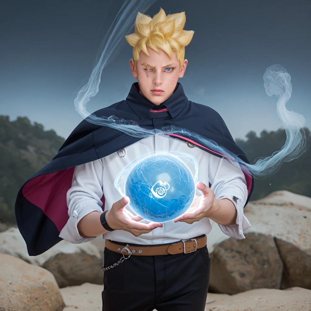 Boruto, 1boy, solo, fight pose, yellow hair, blue eyes, two black lines on the cheek, black cloak, black pants, gloves, rocks background, cowboy shot, one eyes closed,Textured Skin, hand carrying glowing light blue ball, glowing ball blue smokes in ball area, blue smoke vortex in ball, blue smoke overlay, smoking ball, realistic, wind effect, hand holding sword