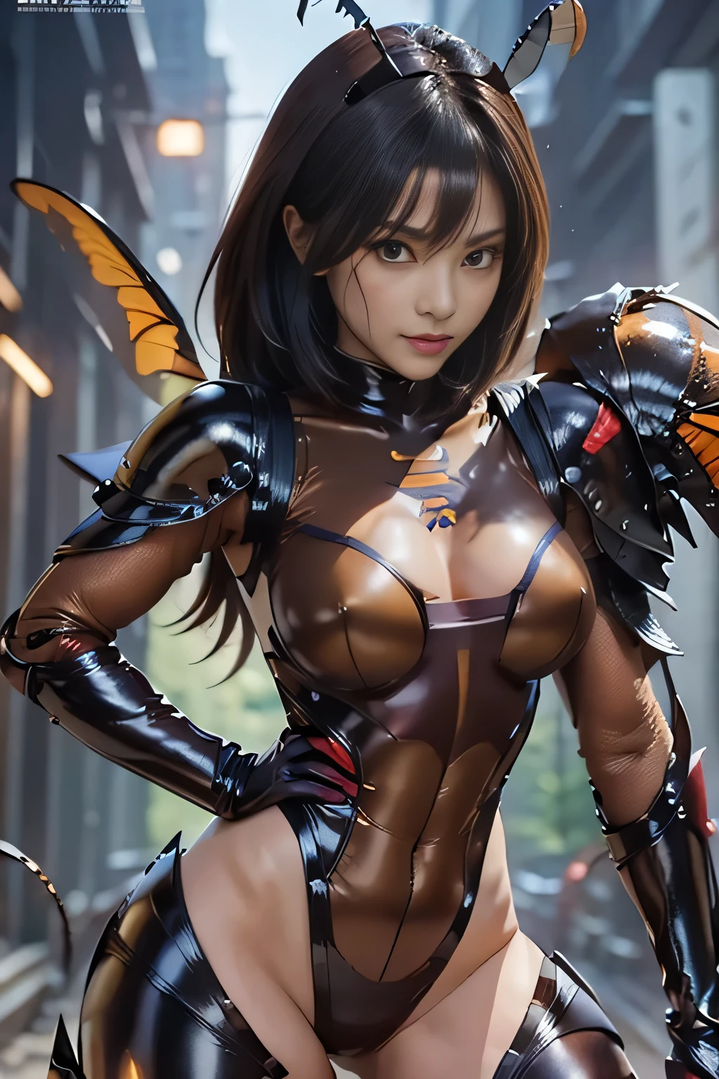 (high resolution,masterpiece,best quality,extremely detailed CG, anime, official art:1.4), realistic, photo, amazing fine details, all intricate, gloss and shiny,awesome many layers, 8k wall paper, 3d, sketch, kawaii, illustration,( solo:1.4), perfect female proportion,villainess, (fusion of dark brown cockroach and lady:1.4), (brown cockroach form lady:1.2), (brown cockroach lady:1.2), (fusion:1.2), (solo:1.4), (evil smile:1.2), muscular, abs, (cockroach brown exoskeleton bio insect suit:1.4), (cockroach brown exoskeleton bio insect armor:1.2), (brown transparency cockroach wing:1.4), (brown cockroach antennae:1.3),