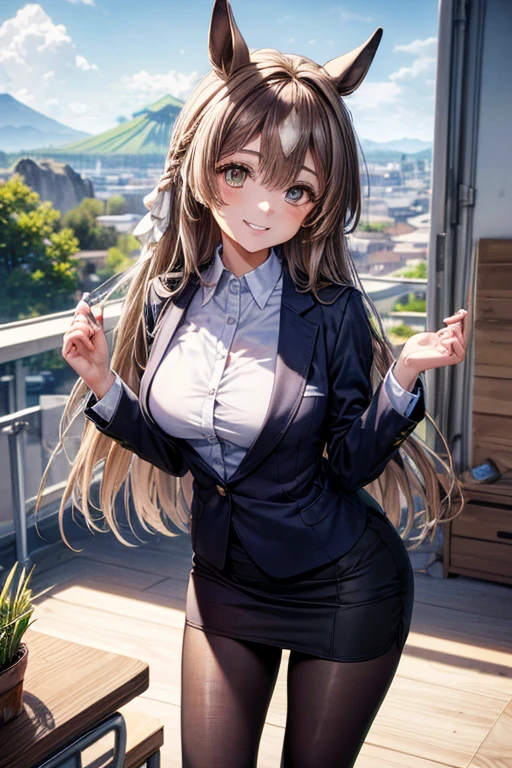 satono diamond \(Uma Musume\),  taking pictures  , cute girl, (( One Girl )), ((:1.4)), ((cute:1.4)), 
break 

((green business suit )) : (( suit jacket:1.3)) + ((White dress shirt)) + (( pencil skirt:1.2)) + ((low denier sheer black pantyhose)), ( shiny black high heels), 
((Star-shaped gold earrings )), 
break 

#(( Silver Hair:1.2)), ((blunt bangs:1.4)), (( ponytail) : ( wavy hair ) + (Curly hair) + ( voluminous hair) + (Tie it up with a red string ribbon)), 
#(puppet:1.4), ( blue eyes), 
(( small breasts)), 
break 

((noon:1.2 + (( office:1.2)) + Window +  blue sky)), 
((blush:1.2)、( evil smile:1.4)、 raise eyebrows 、 raises the corners of the mouth、 closed mouse), 
(( arched back), ( standing on a table at the foot of a volcano :1.2), ( stand with your feet shoulder-width apart)), 
(( angle from below )), (( character focus )), (( cowboy shot )), 
break 

( slim figure), (Symmetrical face), 
(Beautiful Hair), ( shiny hair on both arms), 
( double eyelids in judo uniforms), ( long eyelashes), (( thin eyebrows)), 
( sparkling eyes ), ( detailed eyes on board), ( beautiful eyes), ( perfect eyes), (Shining Eyes),  
((Human Ear)), 
(Beautiful Nose), (Thin Nose), 
( glossy lips ), ( beautiful lips), (Thick lips), 
( detailed skin), ( fine skin), ( beautiful skin), ( oily skin ),  
break 

((( top quality)), ((masterpiece:1.3)), (( very detailed))), (( super high resolution )), ((16k)), ((1080P)), ((Full HD)), 
