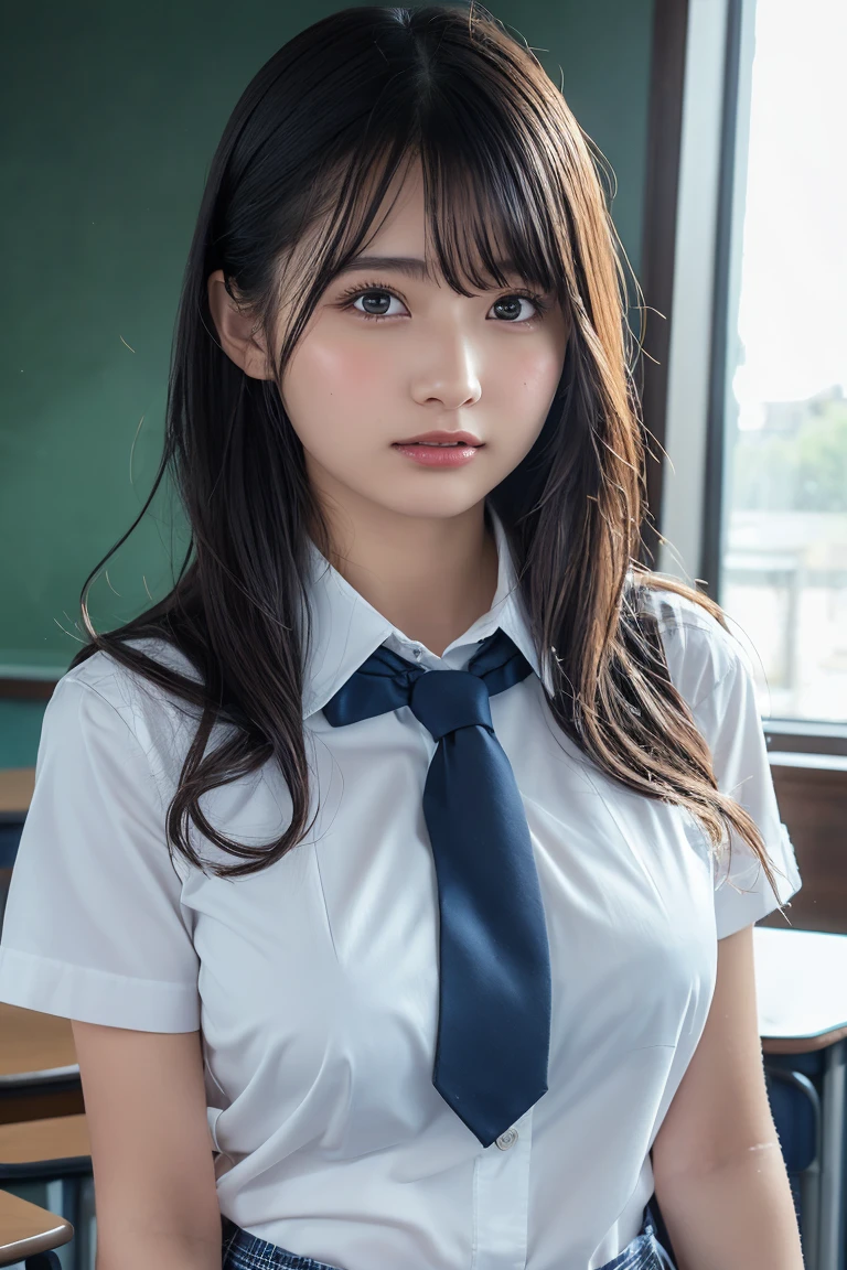 （highest quality，4K，masterpiece：1.2），Beautiful woman，1 girl，sexy：1.1，dark yellow hair：1.1，Woman in school uniform，Drenched uniform，super detailed face，detailed lips，fine eyes，double eyelid，miniskirt white stockings，stand up