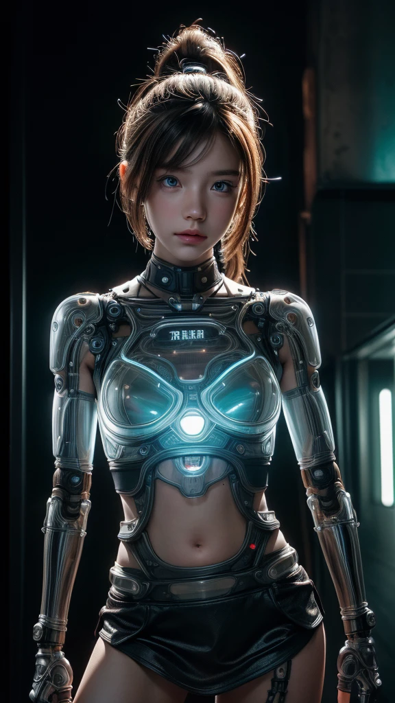 ((A half-mechanical girl with a human torso and translucent mechanical limbs)),
((Her limbs are translucent and revealing the internal electronic circuitry)),
Sleeveless jacket and frilly skirt,
Bright blue eyes,
Long ponytail hair,
Post-apocalyptic city background,
Standing on the street,
beautiful face, detailed face, 
(from front),
White highlights, Halftone, Sensual,
Highest quality, Realistic, Photo Realistic, Award-winning photography, (Intricate details), (Subtle details), (Intricate details), (Cinematic Light), Sharp focus, 
