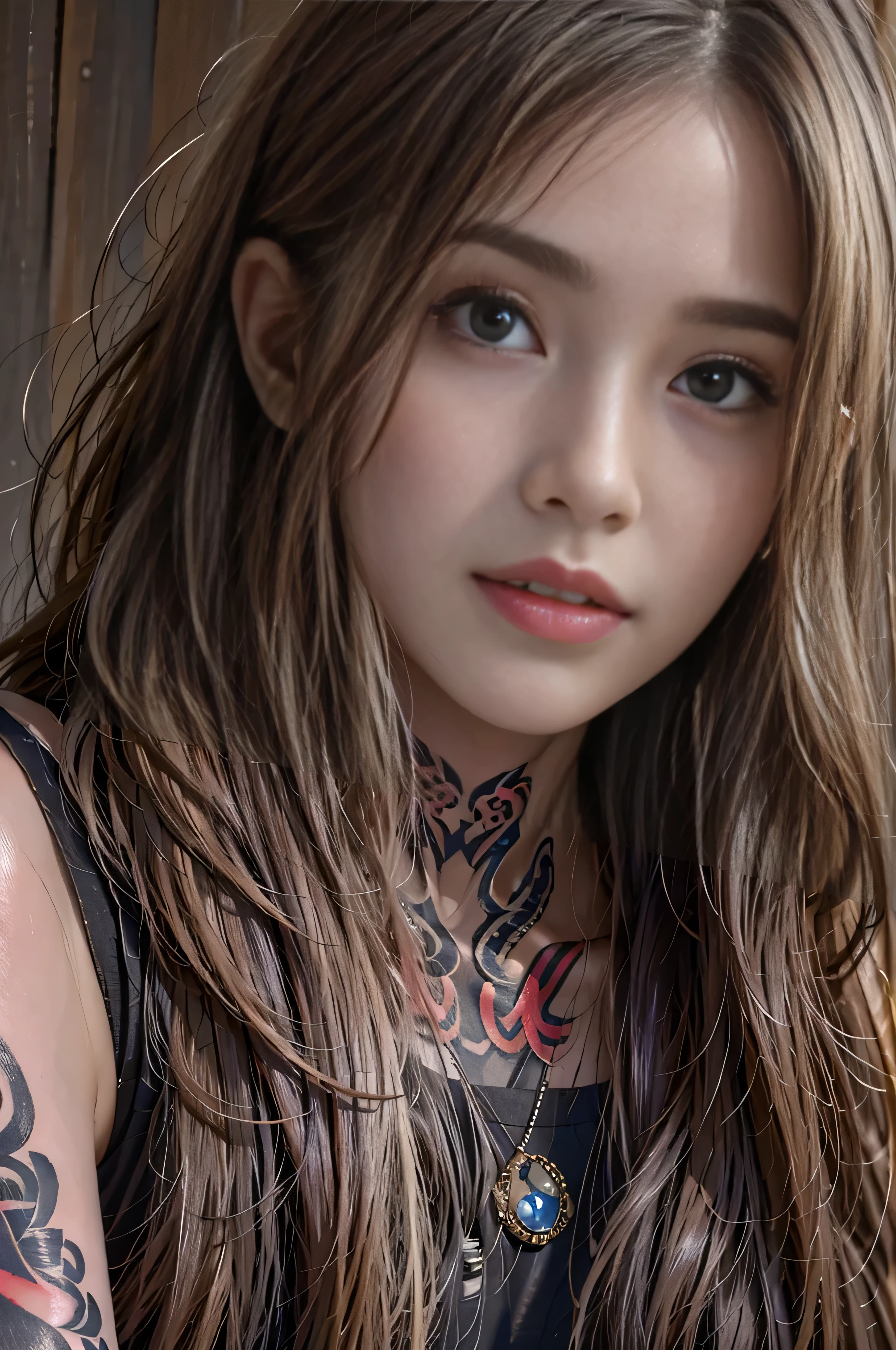 (Raw quality:1.4),  high definition , 1 female, ,  Hip Up,   beautiful eyes , Long Hair,  jewelry, (tattoo:1.4), Streetwear that reveals a lot of skin