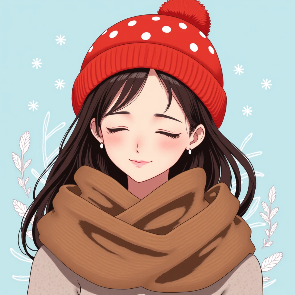 The image is an illustration of a young woman with her eyes closed, her head tilted slightly to the side. She is wearing a red beanie with white polka dots on it and a white pom-pom on her head. Her hair is long and flowing, and she is wrapped in a brown scarf that is wrapped around her neck. The scarf has a textured pattern, and the woman's face is painted with minimal makeup. The background is a light blue color, and there are silver snowflakes scattered throughout the image, giving it a wintery feel. There are also small white plants surrounding the woman, adding to the overall composition.