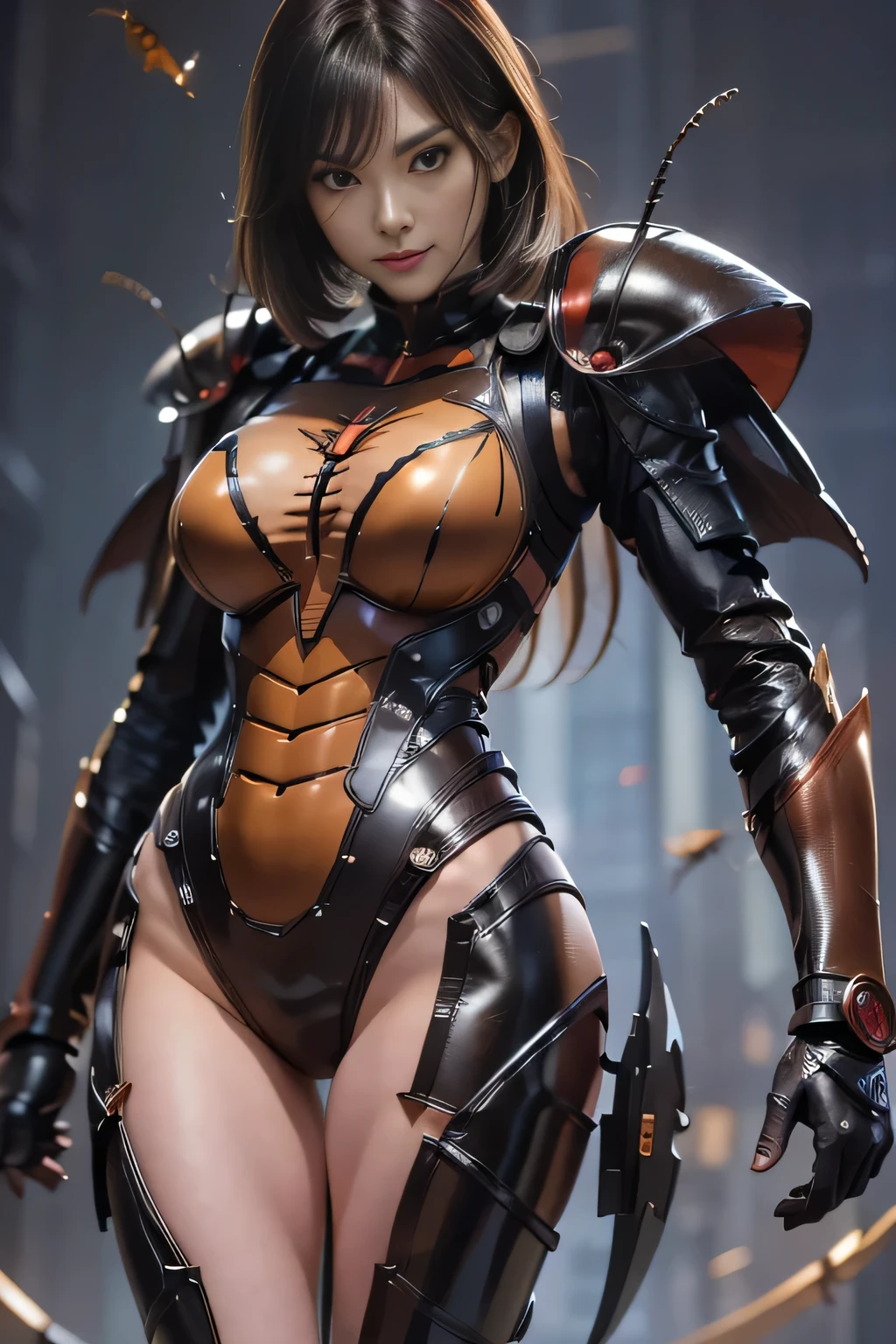 (high resolution,masterpiece,best quality,extremely detailed CG, anime, official art:1.4), realistic, photo, amazing fine details, all intricate, gloss and shiny,awesome many layers, 8k wall paper, 3d, sketch, kawaii, illustration,( solo:1.4), perfect female proportion,villainess, (fusion of dark brown cockroach and lady:1.4), (brown cockroach form lady:1.2), (brown cockroach lady:1.2), (fusion:1.2), (solo:1.4), (evil smile:1.2), muscular, abs, (cockroach brown exoskeleton bio insect suit:1.4), (cockroach brown exoskeleton bio insect armor:1.2), (brown transparency cockroach wing:1.4), (brown cockroach antennae:1.3),