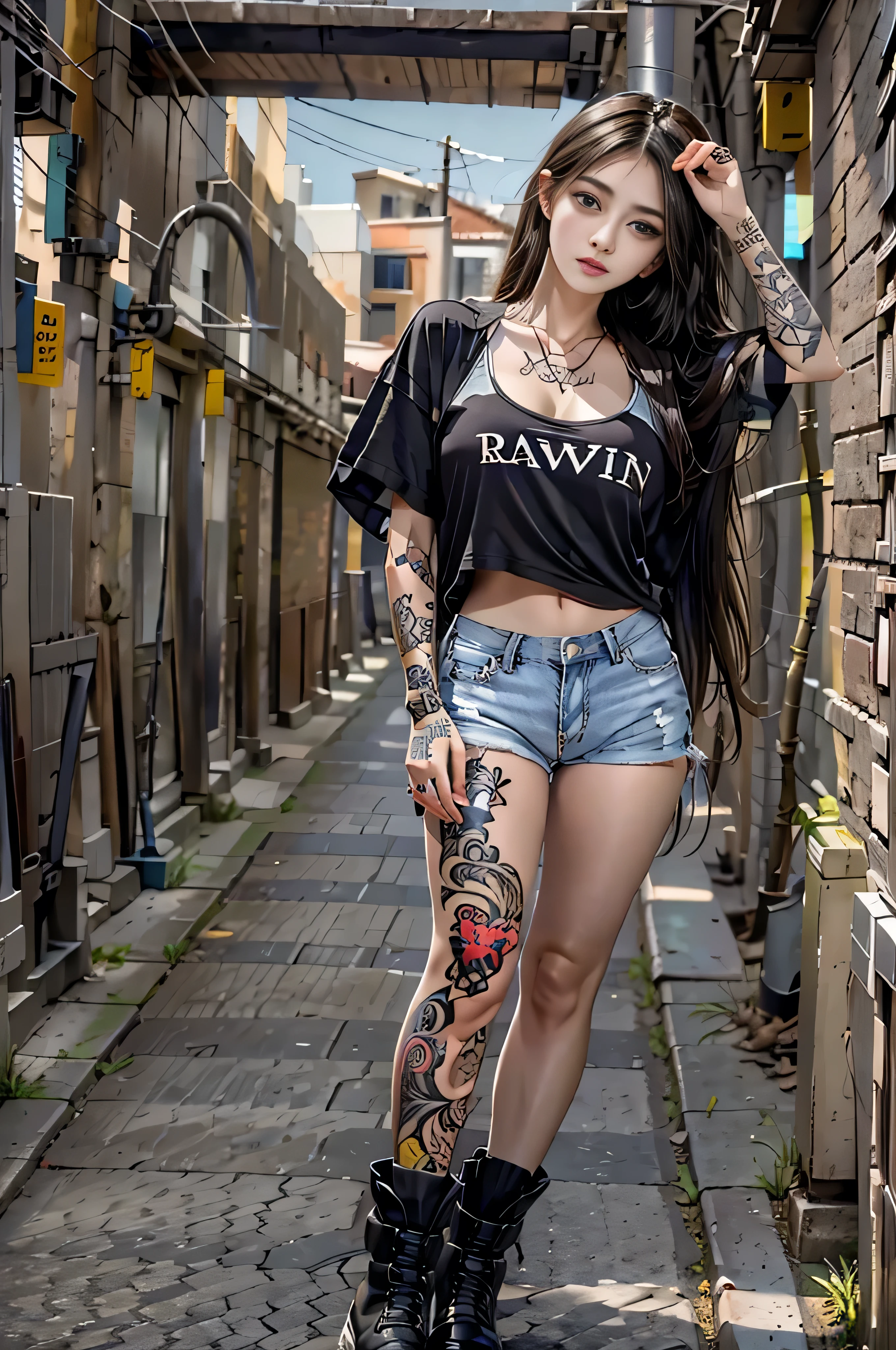 (Raw quality:1.4),  high definition , 1 female, Baby Face,  Hip Up,   beautiful eyes , Long Hair,  jewelry, (tattoo:1.4), Streetwear that reveals a lot of skin