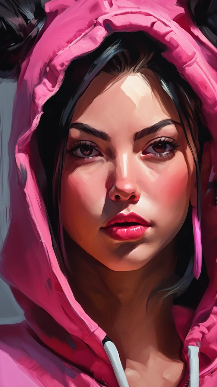 portrait of juri han, ((accurate Juri face)), 1girl, painting by xDElysium,black hair, , pink, JuriPJ,hair horns, messy hair, streaked hair, hair through hoodie, onesie, open pajamas, black bra,looking at viewer, painterly style, expressionism, strokes rough, brushstrokes visible, rawness, viscerality, color pallete vivid, hand-painted backgrounds, oil painting, high contrast, dramatic lighting, 