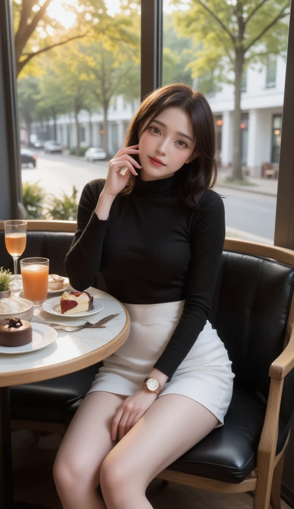 The woman in this photo exudes elegance as she sits beside a table, her gaze locking with the camera lens, a smile gracing her features. She is dressed in a chic black and white ensemble, complemented by a white high-waisted short skirt that accentuates her slender legs. Her left hand rests gently on her knee, adorned with a watch, a testament to her attention to detail. The table in front of her is adorned with an array of desserts and a drink, inviting a sense of indulgence. Behind her, a large glass window offers a view of a tree-lined street, bathed in the warmth of summer. The overall atmosphere is one of relaxation and pleasure, capturing the essence of a refreshing summer day.