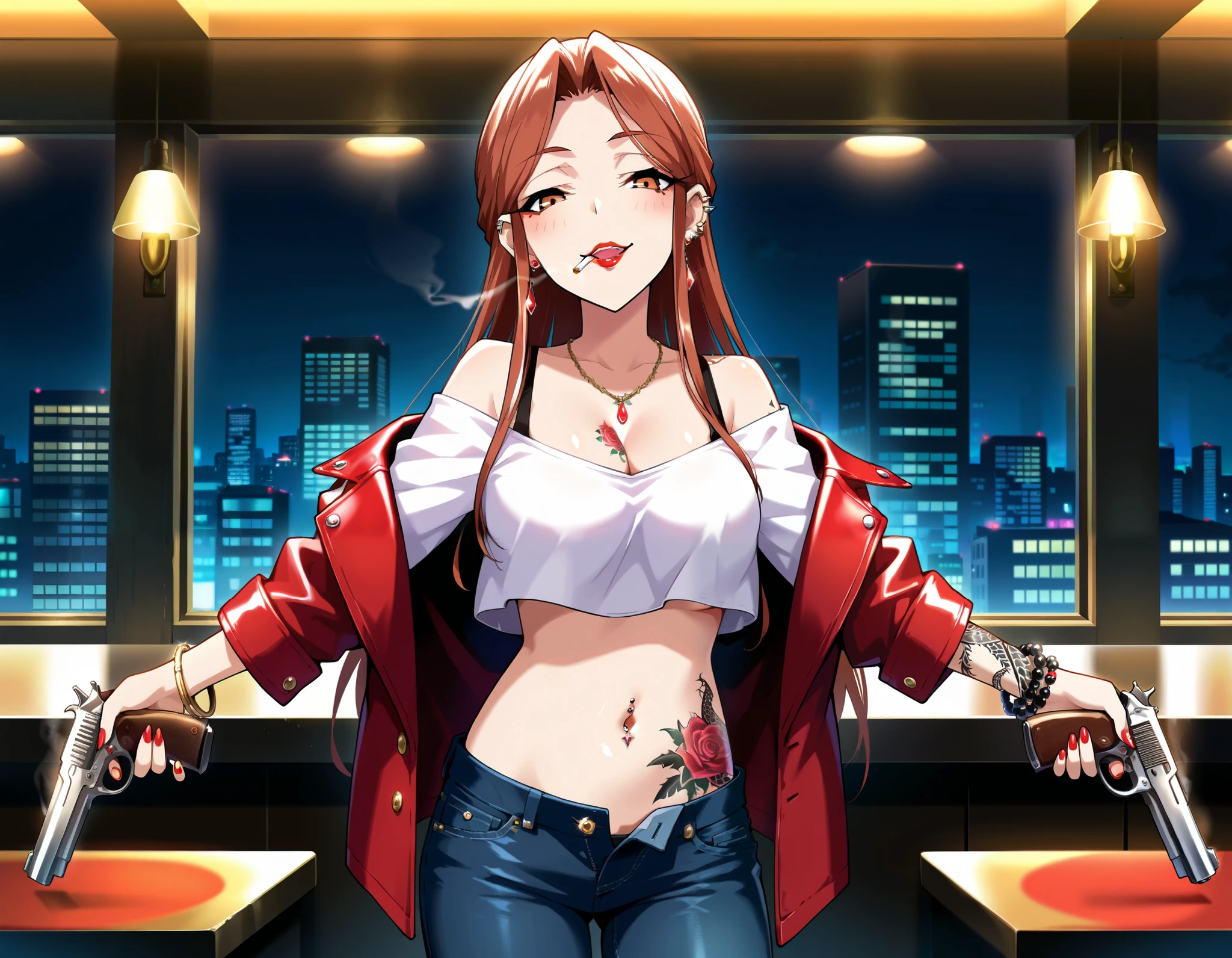 score_9, score_8_up, score_7_up, source_anime, zaizen tokiko, long hair, brown hair, brown eyes, 1girl, jewelry, necklace, solo, bracelet, nail polish, red nails,  earrings, red lips, medium breasts, bad attitude, mean girl, ear piercing, long hair, blush, lipstick,Hot girl, baddie, smoking, sensual, attractive , bar background, inside bar,indoors, bar, indoor, cityscape, building, masterpiece,high quality,4k, bare shoulder,belly,crop top,holding pistol,cleavage, unbuttoned shirt,shirt, knot, indoor,smile, open mouth, (nsfw) not safe for work, evil expression, exposed belly, exposed navel, exposed midriff, exposed lower belly, crop top overhang, underboob,jacket, unbuttoned jeans , low rise black jeans, Low rise jeans, Low rise jeans with open fly , tattoo on body, rose tattoo, dragon tattoo, , shiny skin, navel piercing , cleavage, unbuttoned shirt,shirt, knot, , tattoo on body, rose tattoo, dragon tattoo, , shiny skin,open arms sideway, arms T-pose, smirk, standing, anime girl T posing