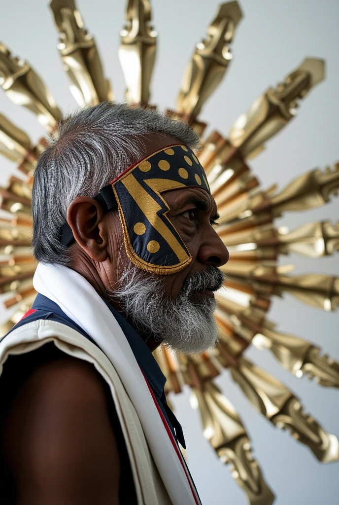 Portrait photograph of an elderly African warrior chief with a tribal panther mask, gold on white, side profile, averted gaze, and serious eyes, 50mm portrait photography, photography with hard rim lighting