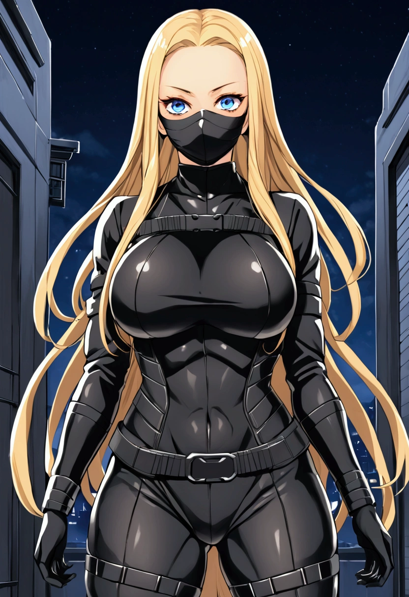 Ninja girl, long blond hair, blue eyes, ninja suit, black ninja clothes, maskered, night, steath mission, atlhetic body, big boobs, sexy lady, ecchi.