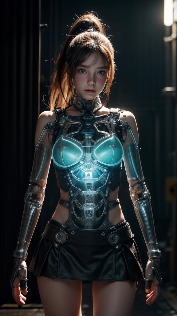 ((A half-mechanical girl with a human torso and translucent mechanical limbs)),
((Her limbs are translucent and revealing the internal electronic circuitry)),
Sleeveless jacket and frilly skirt,
Bright blue eyes,
Long ponytail hair,
Post-apocalyptic city background,
Standing on the street,
beautiful face, detailed face, 
(from front),
White highlights, Halftone, Sensual,
Highest quality, Realistic, Photo Realistic, Award-winning photography, (Intricate details), (Subtle details), (Intricate details), (Cinematic Light), Sharp focus, 
