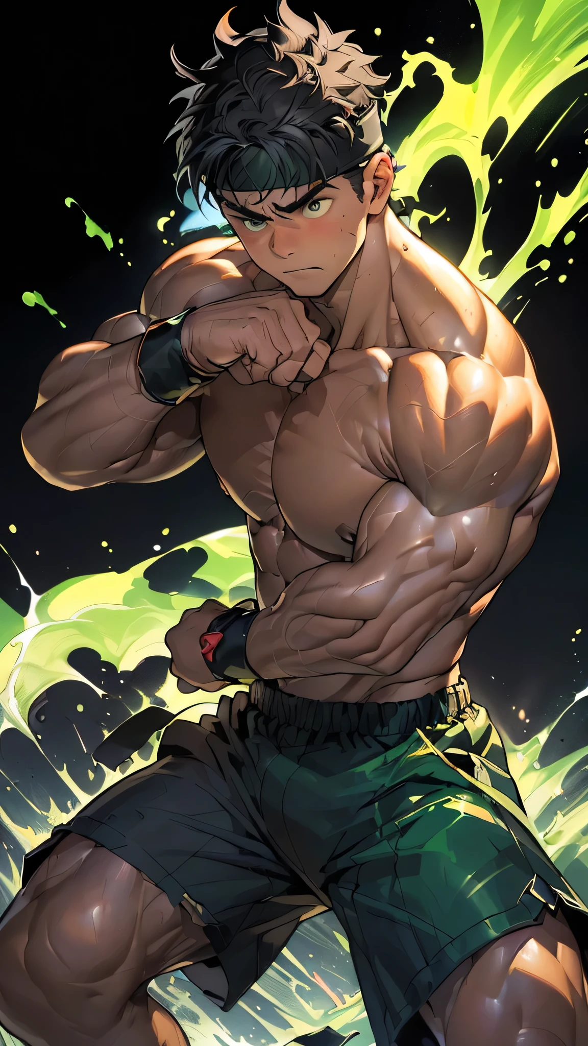 ((masterpiece, best quality, stalwart, (Depth of field:1.2))), (((((black background, deep night, dynamic angle))))), (worm green eyes, Young boy, muscler, Shirtless, topless), ((((1boy, solo, flesh, tough, reliable, developed body)))), (Dark Short straight hair, green eyes, ((almost completely shaved hair)), under cut), (((red headband, wristband, black trouser))), Vivid colors, ((gigantic breast, gigantic abs, big shoulder, muscular body, sturdy body, defined round and fleshy pecs, defined round and fleshy ABS, defined round and fleshy armsmuscular, well-defined muscles, toned body, shouldermuscler)), muscler!, muscler body, detailed face, detailed muscle, (((rippling muscles, Flowing energy, wearing wind to emphasize the power of his aura. Highlight his aura, blue and green aura effect, wearing energy stream, charge aura energy his right arm, Imposing, (fight, fighting, agressive, action, punching, kicking, upper cut))))