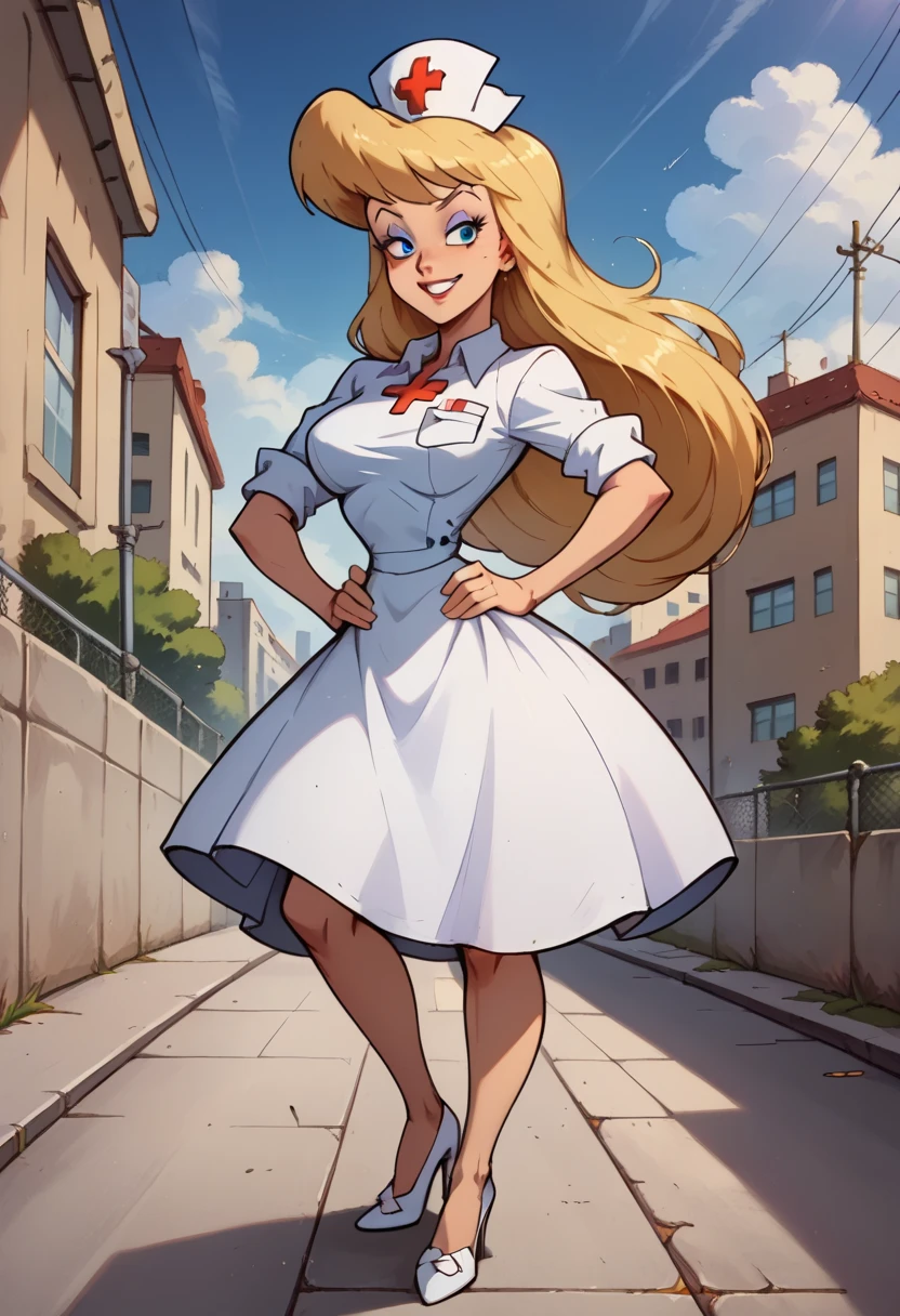 score_9, score_8_up, score_7_up, score_6_up, source anime, BREAK 1girl, solo, Heloise Nerz, \(Animaniacs\), (( Masterpiece)), (( best quality )), (Detailed), Perfect, Alone, beautiful woman , blonde hair, blue eyes, eyeshadow, long hair, nurse cap, red cross, white dress, narrow waist, breasts, outdoors, sky, clouds, city, trees, full body, white high heels, hands on own hips, smile, retro artstyle, park, BREAK zPDXL3_634798, sharp focus, 8k high definition, intricate details, (intricate), (finely textured), (depth of field):1.4, High detail RAW color art, diffused soft lighting, sharp focus, cinematic lighting,, Expressiveh, hospital, stadding