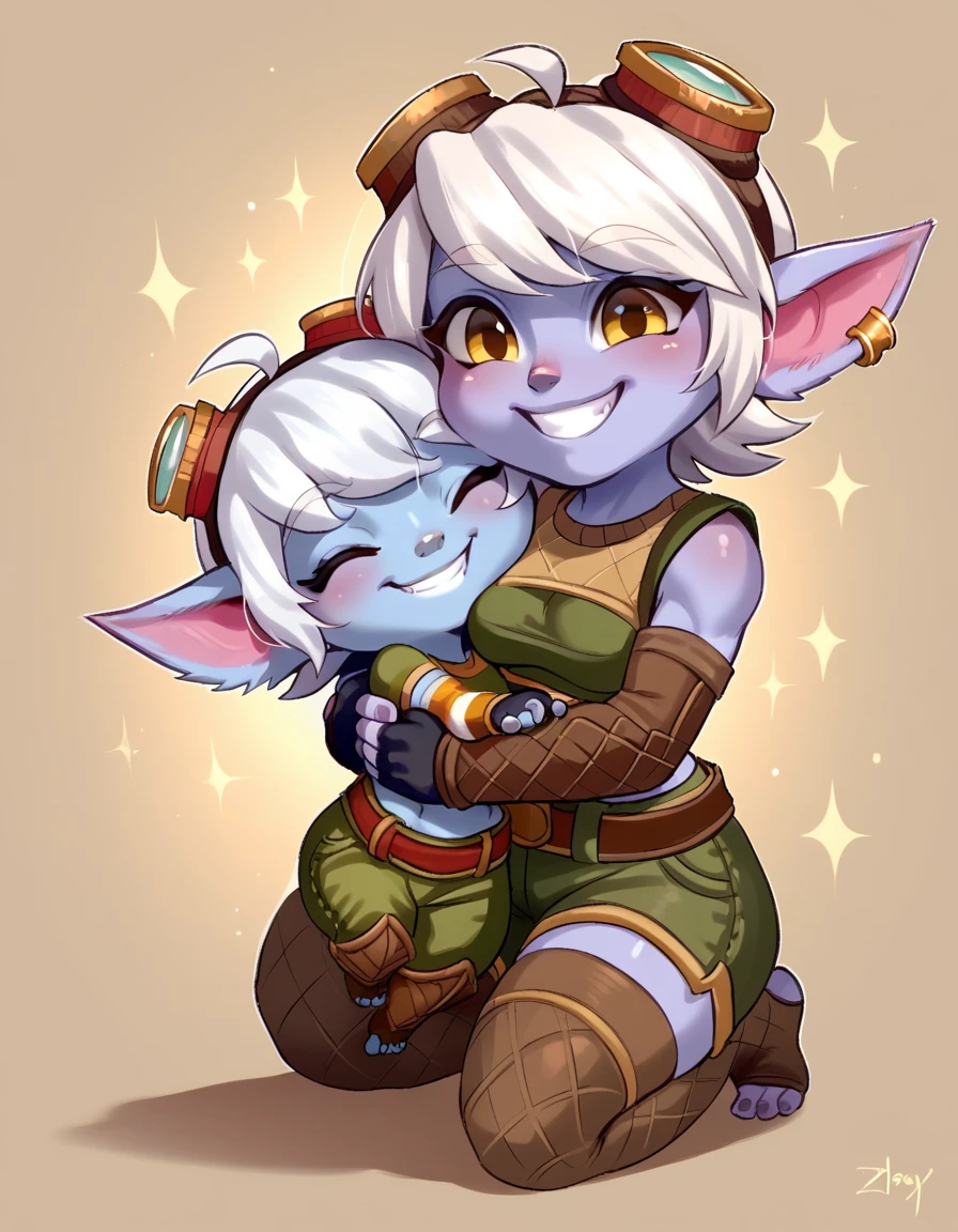 TristanaLolXLv2, purple skin,  colored skin, shortstack, yordles, Chibi,  yellow eyes ,  white hair,  short hair,  a single earring ,  glasses on the head ,  Pointy ears ,  medium breasts, green abdomen , Sleeves on the arms,  black gloves,  fingerless gloves,  elbow length gloves,  green pants , brown belt, brown stockings, fingerless stockings, Angle elevation,  smiling, cuddling a baby in her arms, happy, looking at the baby