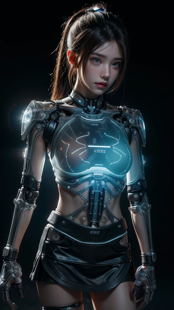 ((A half-mechanical girl with a human torso and translucent mechanical limbs)),
((Her limbs are translucent and revealing the internal electronic circuitry)),
Sleeveless jacket and frilly skirt,
Bright blue eyes,
Long ponytail hair,
Post-apocalyptic city background,
Standing on the street,
beautiful face, detailed face, 
(from front),
White highlights, Halftone, Sensual,
Highest quality, Realistic, Photo Realistic, Award-winning photography, (Intricate details), (Subtle details), (Intricate details), (Cinematic Light), Sharp focus, 
