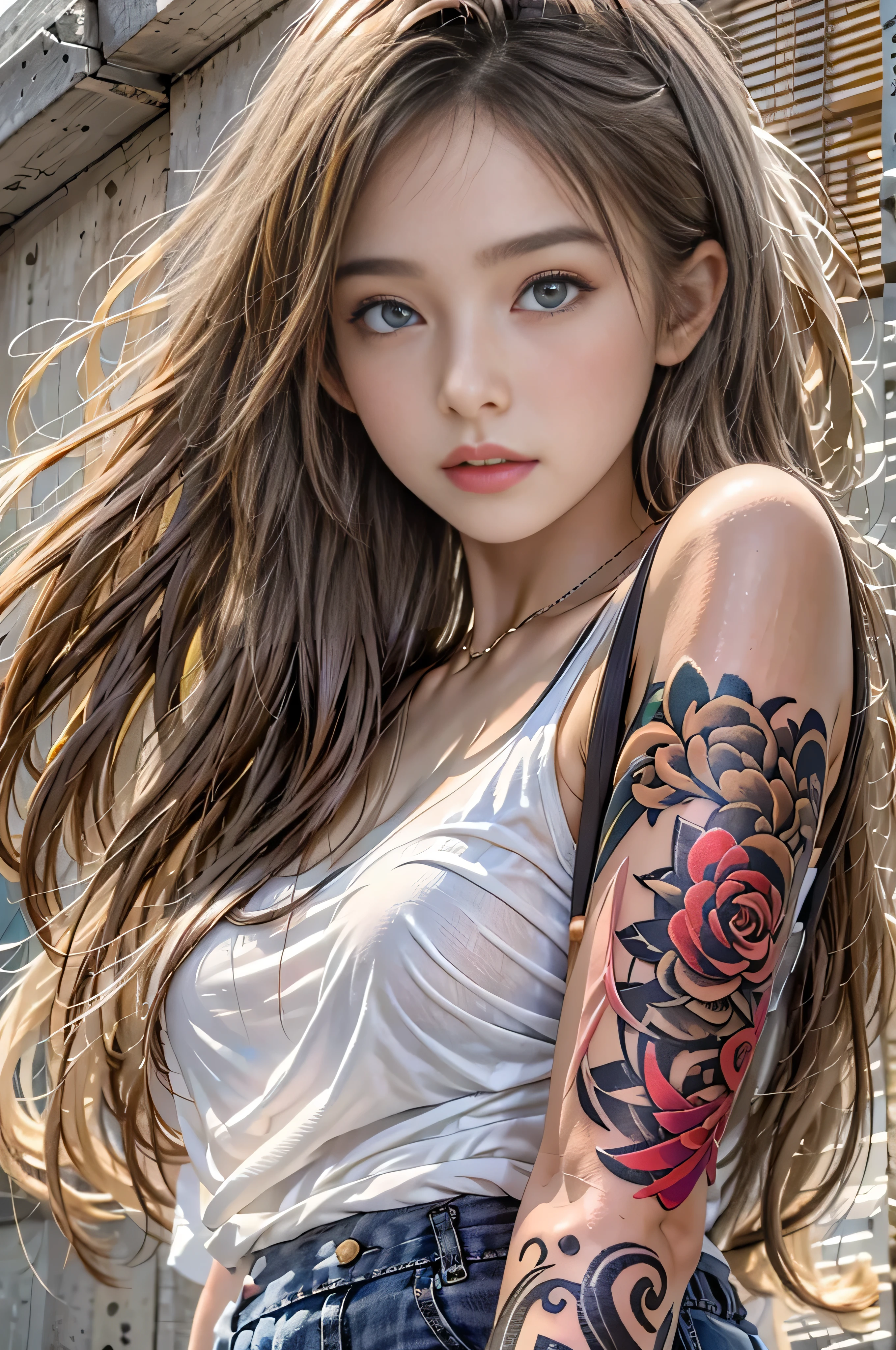 (Raw quality:1.4),  high definition , 1 female, Baby Face, ,(High school student model:1.4),  Hip Up,   beautiful eyes , Long Hair,  jewelry, (tattoo:1.4), Streetwear that reveals a lot of skin