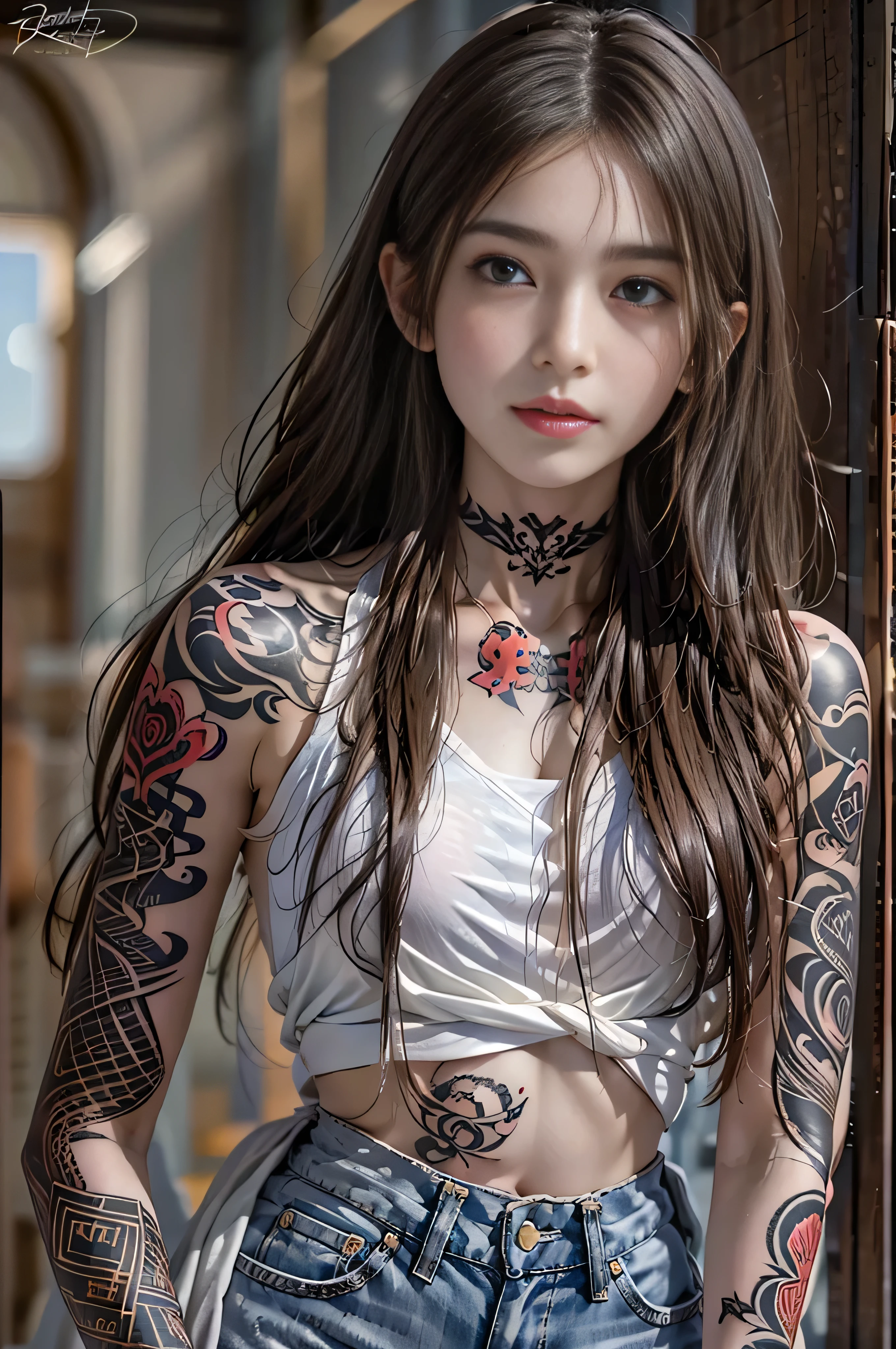 (Raw quality:1.4),  high definition , 1 female, Baby Face, ,(High school student model:1.4),  Hip Up,   beautiful eyes , Long Hair,  jewelry, (tattoo:1.4), Streetwear that reveals a lot of skin