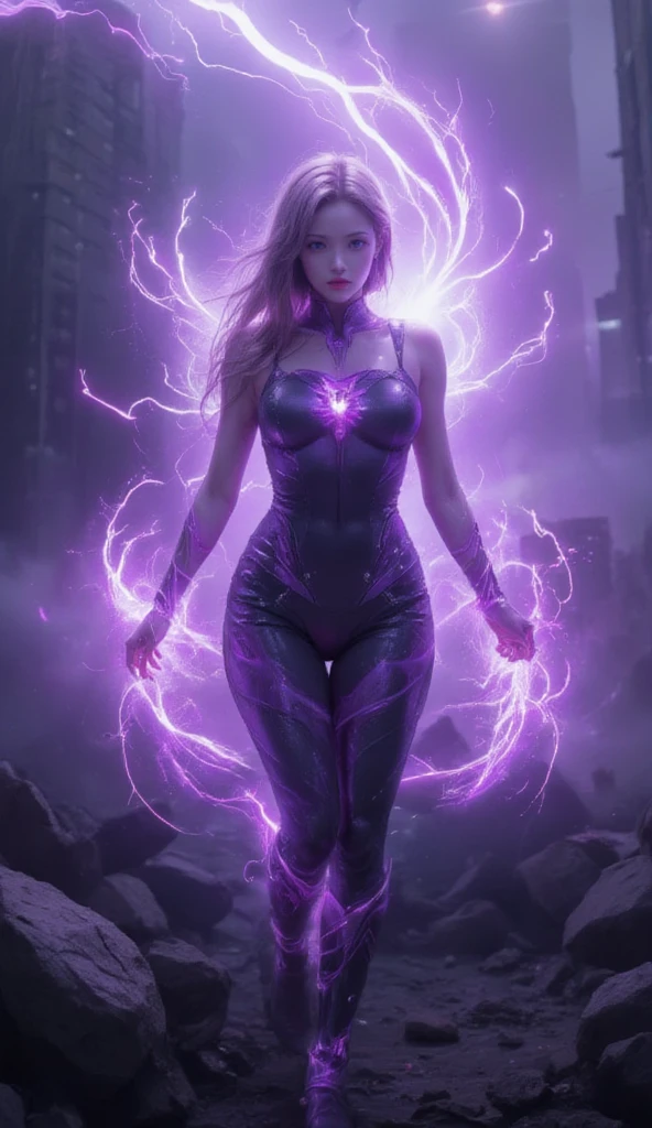 In a scene that captures the essence of Marvel's Dark Phoenix, a cute woman embodies the character, wearing a violet villain costume with the silhouette of a Dark Phoenix on her chest. Her costume is detailed, highlighting her as the embodiment of this powerful and enigmatic character.
The woman's pose is seductive yet powerful, with an evil, sexy stare that conveys her character's complex nature. She stands amidst the ruins of New York, with cords and tendrils of dark energy snaking around and probing, emphasizing the destructive power she wields.
The image captures her from head to toe, showcasing her costume and the dynamic energy surrounding her. This portrayal blends the cuteness of the woman with the dark and powerful essence of the Dark Phoenix, creating a visually striking and memorable image.