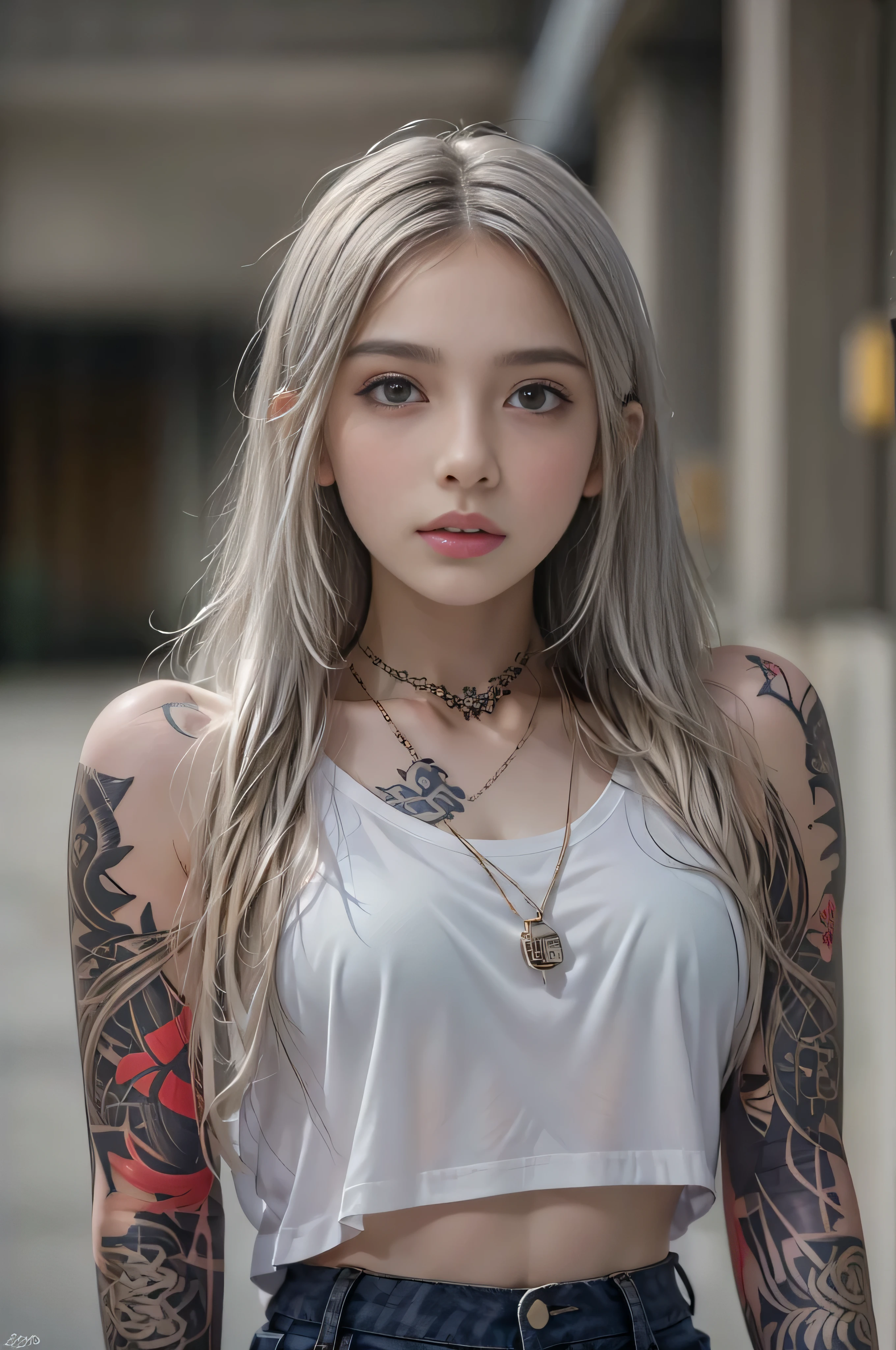 (Raw quality:1.4),  high definition , 1 female, Baby Face, ,(High school student model:1.4),  Hip Up,   beautiful eyes , Long Hair,  jewelry, (tattoo:1.4), Streetwear that reveals a lot of skin