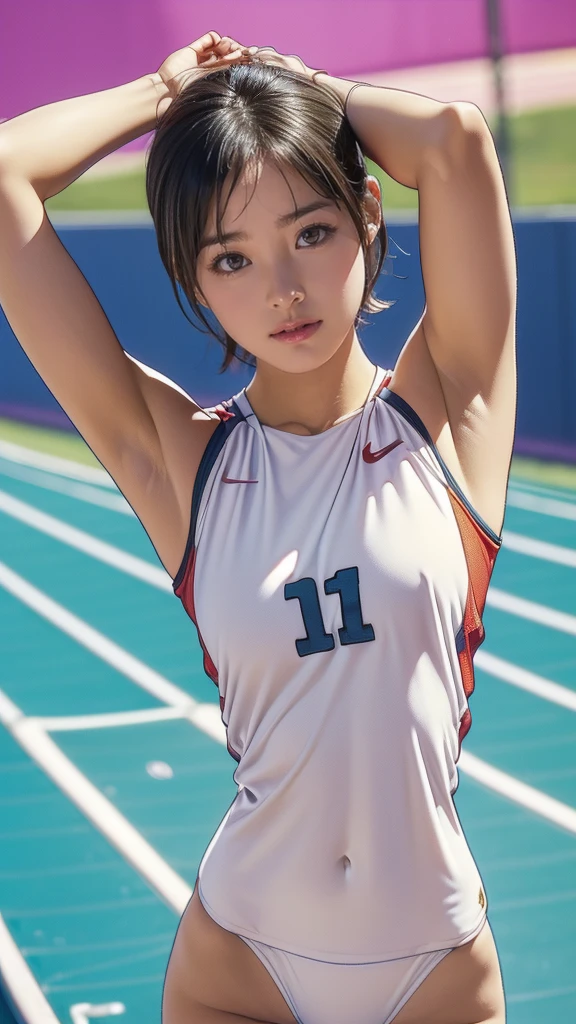 ( girl:1.5, Very slim:1.5, The arms are very thin:1.5, Very short hair), (On the table:1.3), (8K, Practical, RAW photos, best quality: 1.4), (shortcut:1.3), ((Cute, big eyes, Drooping eyes, Smile)), (Genuine Leather), Beautiful Skin, 超high resolution, Ultra-realistic, high resolution, (夜のsports場, track and field:1.5), sports, (Let me see your armpits:1.4), (Put your hands behind your head:1.2)