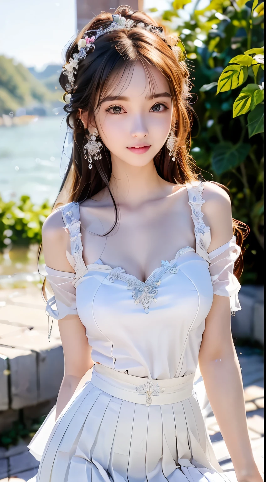 best qualtiy,tmasterpiece, super high resolution,(Reality:1.4),RAW photogr,cold light,1girll,(Close-up of the upper body,closeup of face), Nice face,(slim,Raised sexy),ssmile,black and long hair,hair adornments,(slender leg,Cross ed leg), (White color blouse,Pink pleated skirt),Beautiful age girl,Beautiful goddess,Detailed scenes, Picturesque, Beautiful teengirl,Beautiful goddess,Detailed scenes, Beautiful digital illustration, the detail,Hyper-detailed, Cinematic quality, (Beauty and aesthetics,big breasts beautiful)