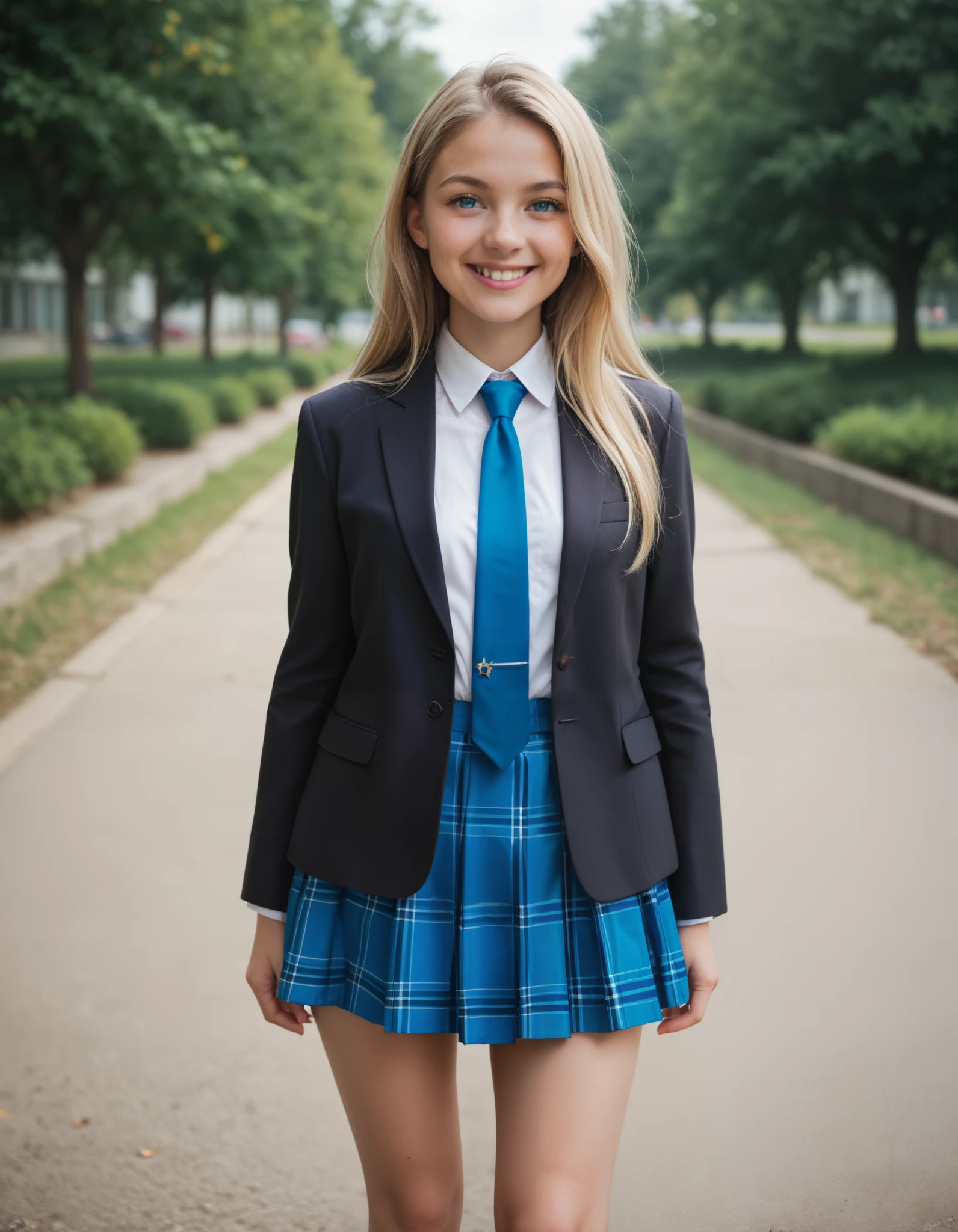 Masterpiece, hd, realistic, 1girl, short body, Slender body, small breasts, thing leg, blonde long hair and blue eyes, wearing white collared shirt, dark brown blazer, opened jacket, blue necktie, wearing blue skirt, miniskirt, plaid skirt, small  girl, cute girl, cute character,  smile, Standing,  outdoor, school background, looking at viewer