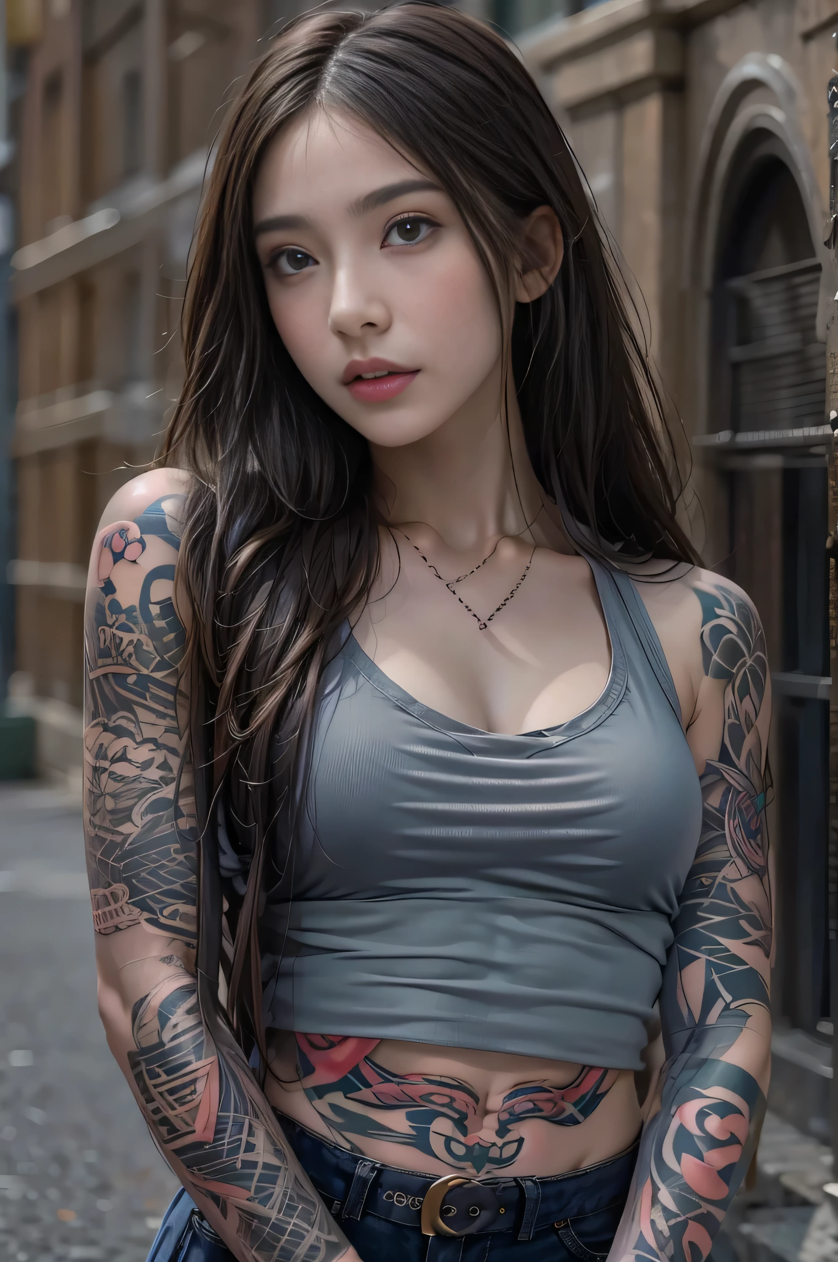 (Raw quality:1.4),  high definition , 1 female, Baby Face, ,(High school student model:1.4),  Hip Up,   beautiful eyes , Long Hair,  jewelry, (tattoo:1.4), Streetwear that reveals a lot of skin,  upper body,  New York background ,