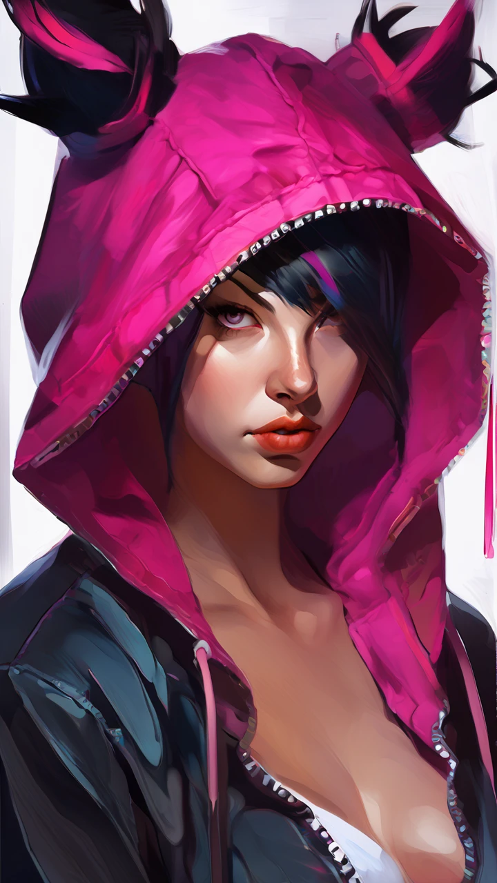 portrait of juri han, ((accurate Juri face)), 1girl, painting by xDElysium,black hair, 1girl, solo, multicolored hair, hair horns, hoodie, open hoodie, pajama, navel, black underwear, bangs looking at viewer, painterly style, expressionism, strokes rough, brushstrokes visible, rawness, viscerality, color pallete vivid, hand-painted backgrounds, oil painting, high contrast, dramatic lighting, 