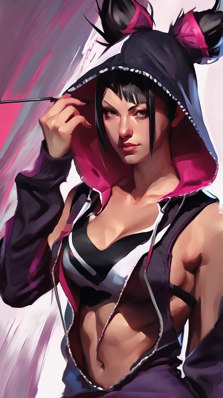 portrait of juri han, ((accurate Juri face)), 1girl, painting by xDElysium,black hair, 1girl, solo, multicolored hair, hair horns, hoodie, open hoodie, pajama, navel, black underwear, bangs looking at viewer, painterly style, expressionism, strokes rough, brushstrokes visible, rawness, viscerality, color pallete vivid, hand-painted backgrounds, oil painting, high contrast, dramatic lighting, 