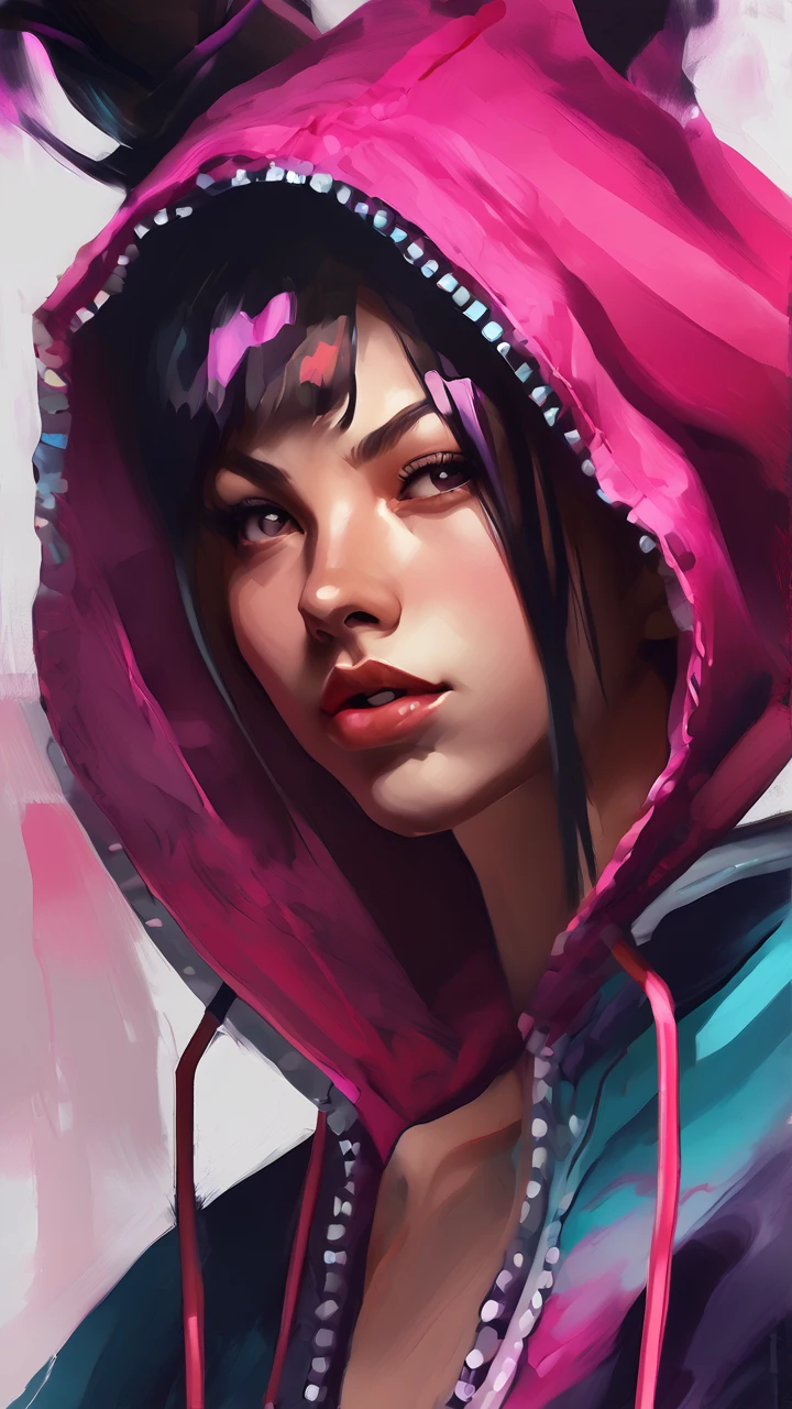 portrait of juri han, ((accurate Juri face)), 1girl, painting by xDElysium,black hair, 1girl, solo, multicolored hair, hair horns, hoodie, open hoodie, pajama, navel, black underwear, bangs looking at viewer, painterly style, expressionism, strokes rough, brushstrokes visible, rawness, viscerality, color pallete vivid, hand-painted backgrounds, oil painting, high contrast, dramatic lighting, 