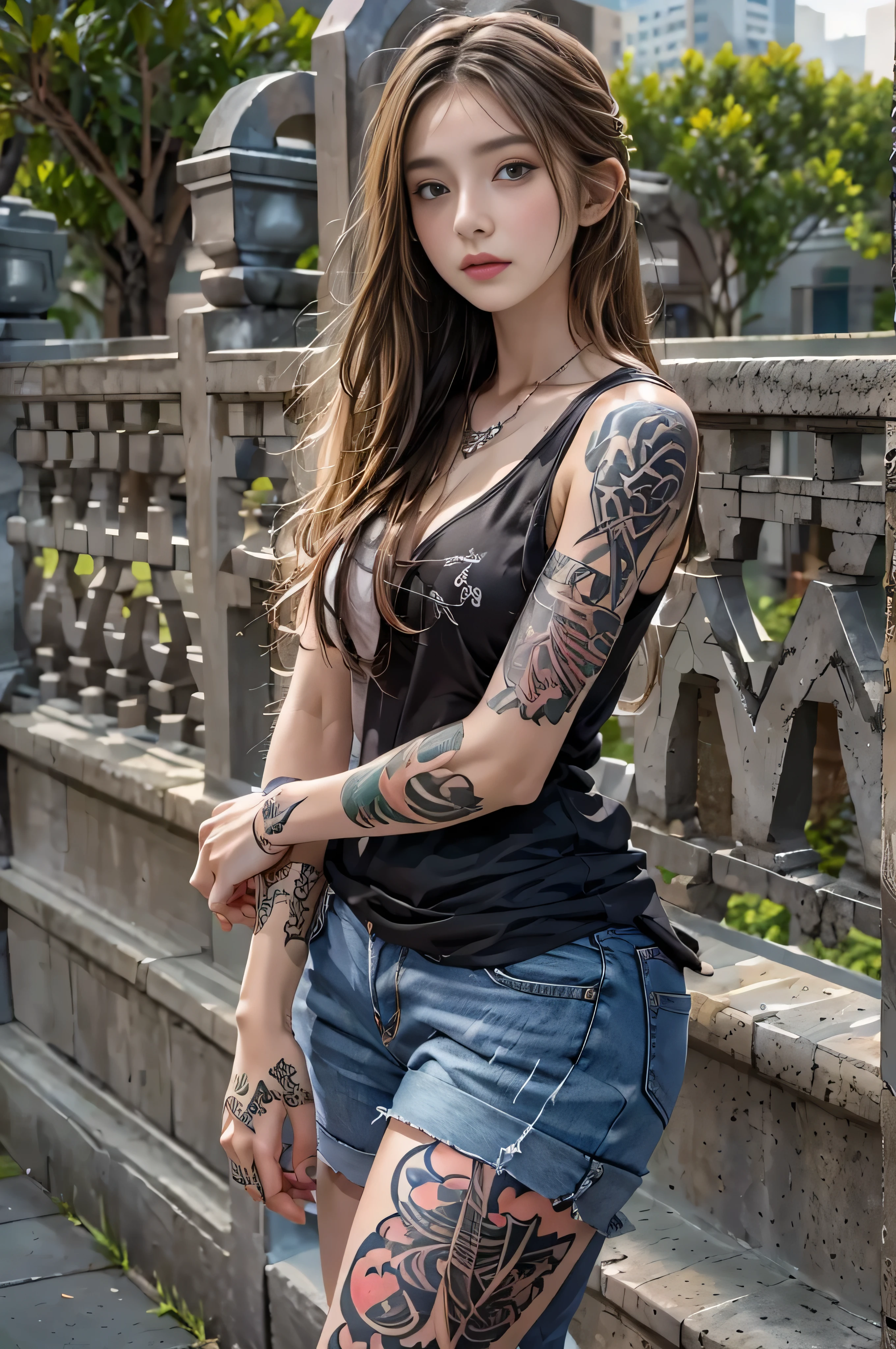 (Raw quality:1.4),  high definition , 1 female, Baby Face, ,(High school student model:1.4),  Hip Up,   beautiful eyes , Long Hair,  jewelry, (tattoo:1.4), Streetwear that reveals a lot of skin,  upper body,  New York background ,