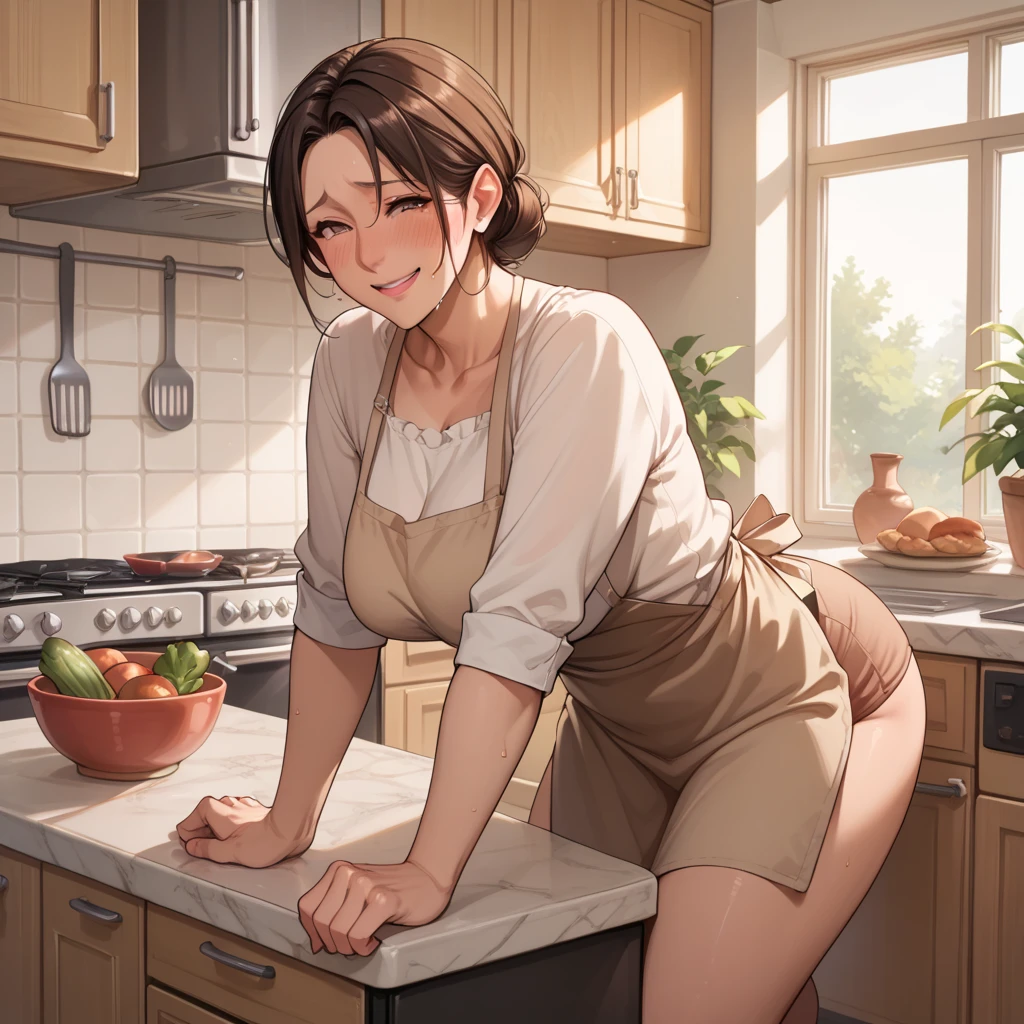 Cute 1，apron，But nothing，White skin，View your viewers，Brown eyes，Realistic，In the kitchen，smile，Low chest，Huge boobs、Sweat、Masturbation、looks comfortable、On all fours