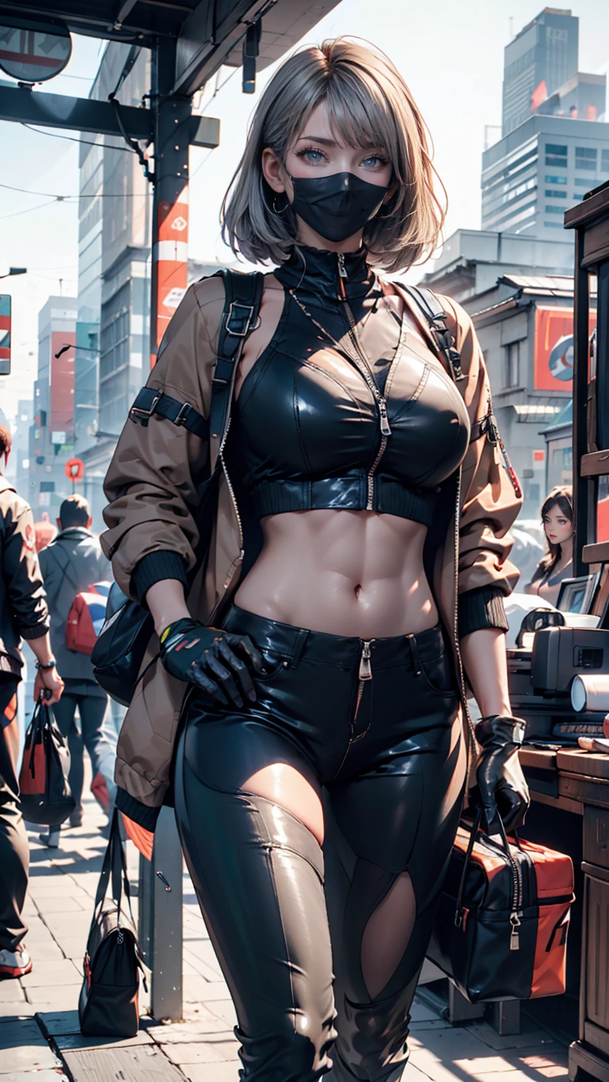((best quality)), ((masterpiece)), (detailed), 1girl, 8k_wallpaper, extremely detailed eyes, (large masterpiece digital art), (intricate details:1.3 ), (ultra-detailed:1.3), (sharp focus:1.3), (natural lighting:1.05), (vivid colors:1.3), (best quality:1.4), high quality, expressive eyes, full body, detailed face, beautiful face, perfect face, ((blonde hair)), (gold eyes), {{dark skin}}, ({dark skinned female}), big breasts, huge chest, outlines of nipples under clothing, powerful strong and prominent muscles of the abdomen and legs, powerful arm muscles, a hard serious look, a predatory half-smile, dressed in an open black coat thrown over a transparent thin blouse, a US Army military badge hanging between her breasts in the cleavage, black leather mini shorts, short Victorian-style boots with a steel platform and long heels, standing near a sports motorcycle on background of a night city in cyberpunk style,