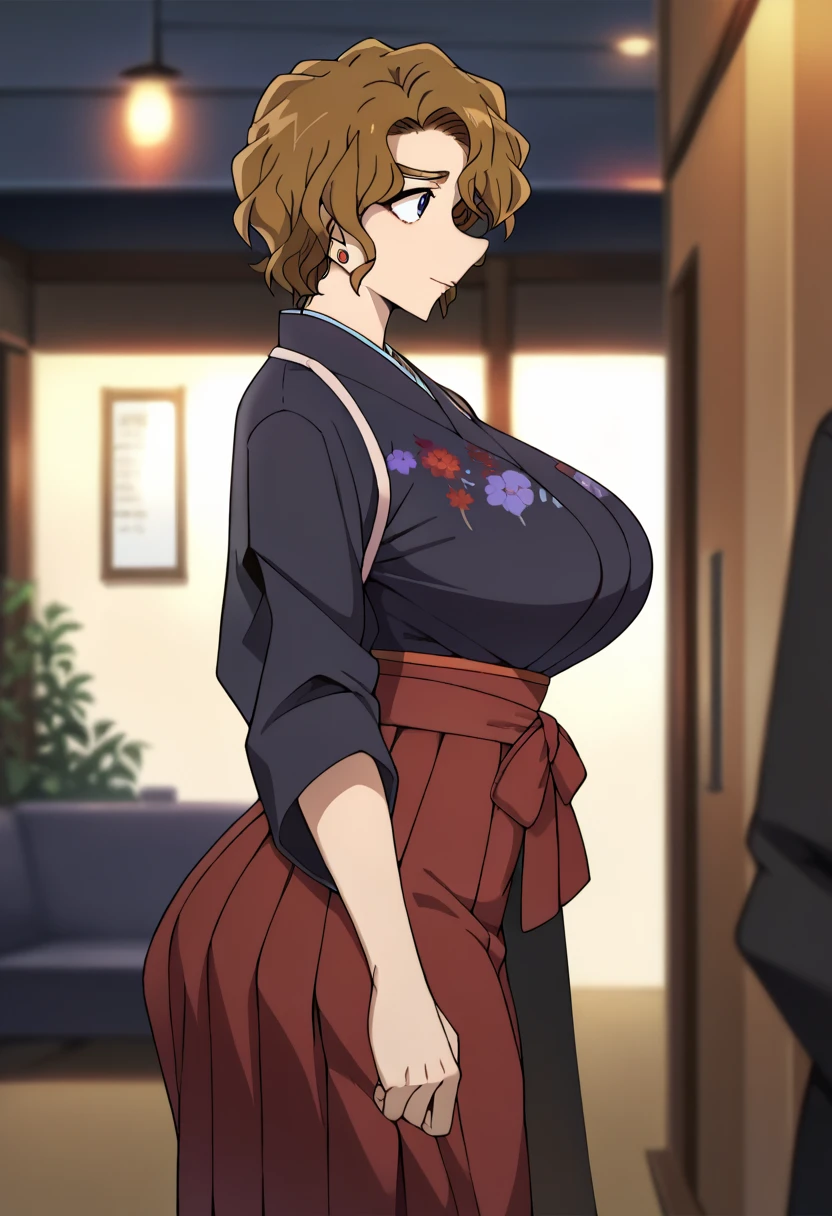 Hyper realistic,  big butt , Big hips,

Momiji Ooka,brown_hair,wavy_hair, short_hair,blue_eyes, jewelry,stud_earrings, earrings,black kimono, tasuki, red hakama_skirt,Floral_print,

( Blurry Background, ),, perfect face, perfect lighting,  , ,huge breasts, from the side:2、boob tent、side view、