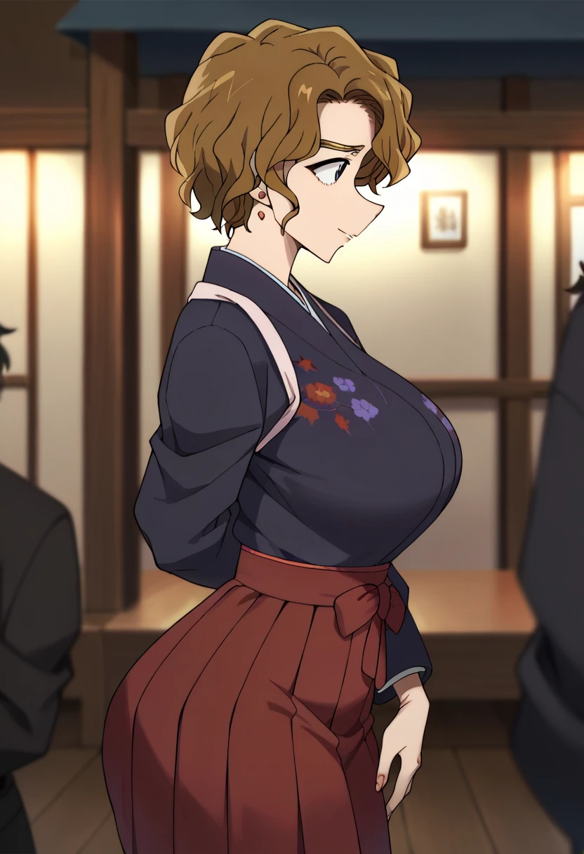 Hyper realistic,  big butt , Big hips,

Momiji Ooka,brown_hair,wavy_hair, short_hair,blue_eyes, jewelry,stud_earrings, earrings,black kimono, tasuki, red hakama_skirt,Floral_print,

( Blurry Background, ),, perfect face, perfect lighting,  , ,huge breasts, from the side:2、boob tent、side view、