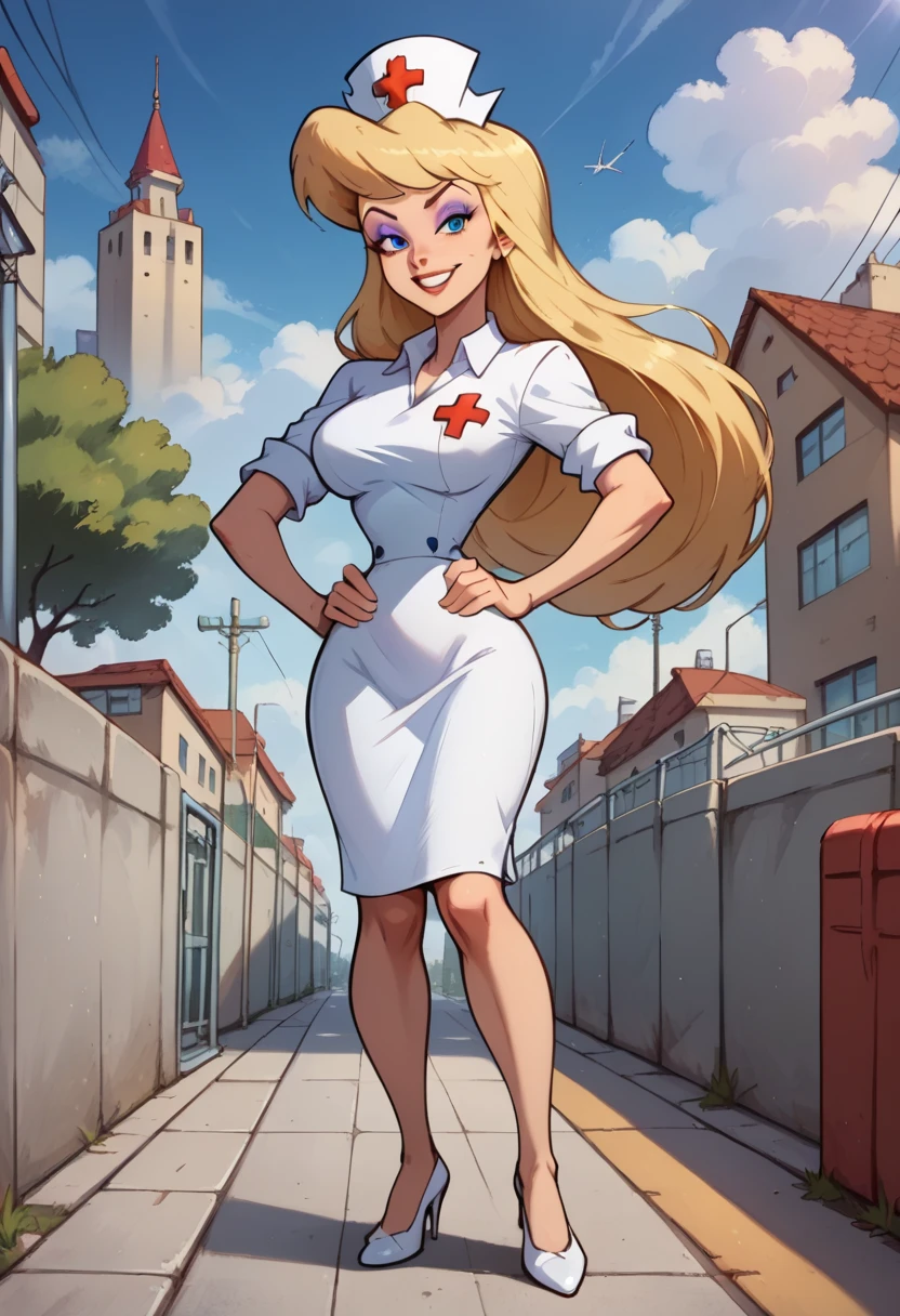 score_9, score_8_up, score_7_up, score_6_up, source anime, BREAK 1girl, solo, Heloise Nerz, \(Animaniacs\), (( Masterpiece)), (( best quality )), (Detailed), Perfect, Alone, beautiful woman , blonde hair, blue eyes, eyeshadow, long hair, nurse cap, red cross, white dress, narrow waist, breasts, outdoors, sky, clouds, city, trees, full body, white high heels, hands on own hips, smile,  sharp focus, 8k high definition, intricate details, (intricate), (finely textured), (depth of field):1.4, High detail RAW color art, diffused soft lighting, sharp focus, cinematic lighting,, Expressiveh, hospital, nurse, syringe, clipboard, behind, back, big ass, sexy, closed