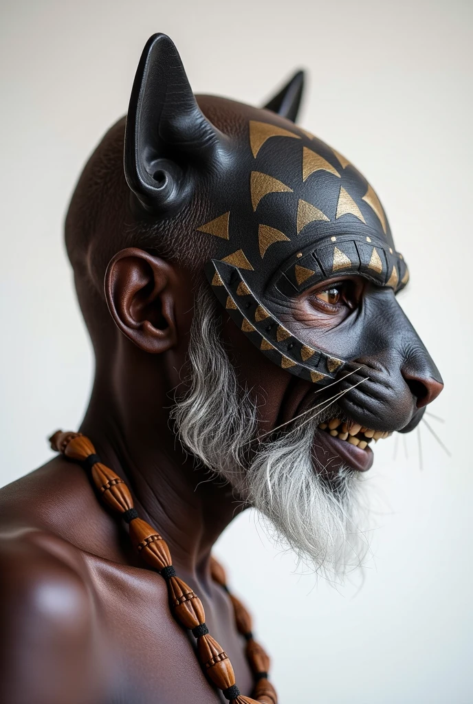 Front portrait photograph of an elderly African warrior chief with a tribal panther mask, gold on white, side profile, averted gaze, and serious eyes, 50mm portrait photography, photography with hard rim lighting