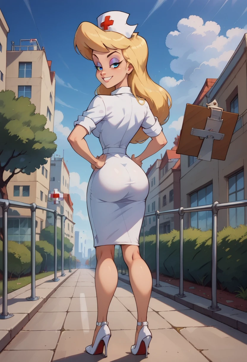 score_9, score_8_up, score_7_up, score_6_up, source anime, BREAK 1girl, solo, Heloise Nerz, \(Animaniacs\), (( Masterpiece)), (( best quality )), (Detailed), Perfect, Alone, beautiful woman , blonde hair, blue eyes, eyeshadow, long hair, nurse cap, red cross, white dress, narrow waist, breasts, outdoors, sky, clouds, city, trees, full body, white high heels, hands on own hips, smile, sharp focus, 8k high definition, intricate details, (intricate), (finely textured), (depth of field):1.4, High detail RAW color art, diffused soft lighting, sharp focus, cinematic lighting,, Expressiveh, hospital, nurse, syringe, clipboard, behind, back, big ass, sexy, closed