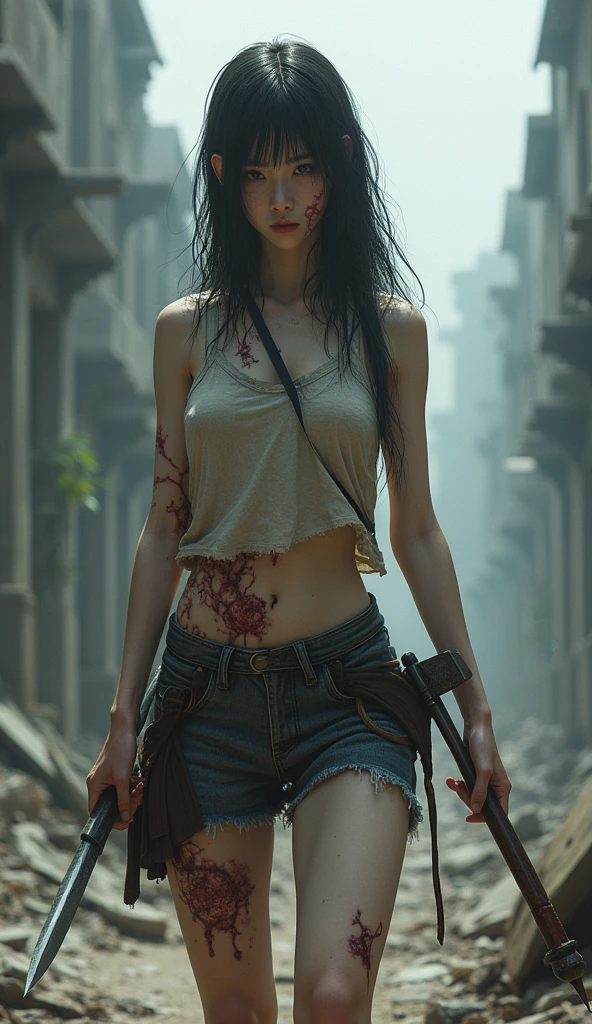 A breathtakingly beautiful girl, Radiant and charming eyes, Cold and intense, Long flowing hair, Sweaty body, Post-apocalyptic punk shirt, Short shorts, boot, Ultra photo realsisim, Realistic, best quality real texture skin, movie atmosphere, Tattered clothes, (Post-apocalyptic punk, Post-apocalyptic fiction), A post-apocalyptic world where buildings collapse, (blood stain), The art of Rei Kurahashi, Haunting and solemn, A beam of light shines through, Illuminate the gloomy environment, (Best quality, Masterpiece, Depth of field, Full-HD, 4K, Richness of detail), Portrait style,Upper body